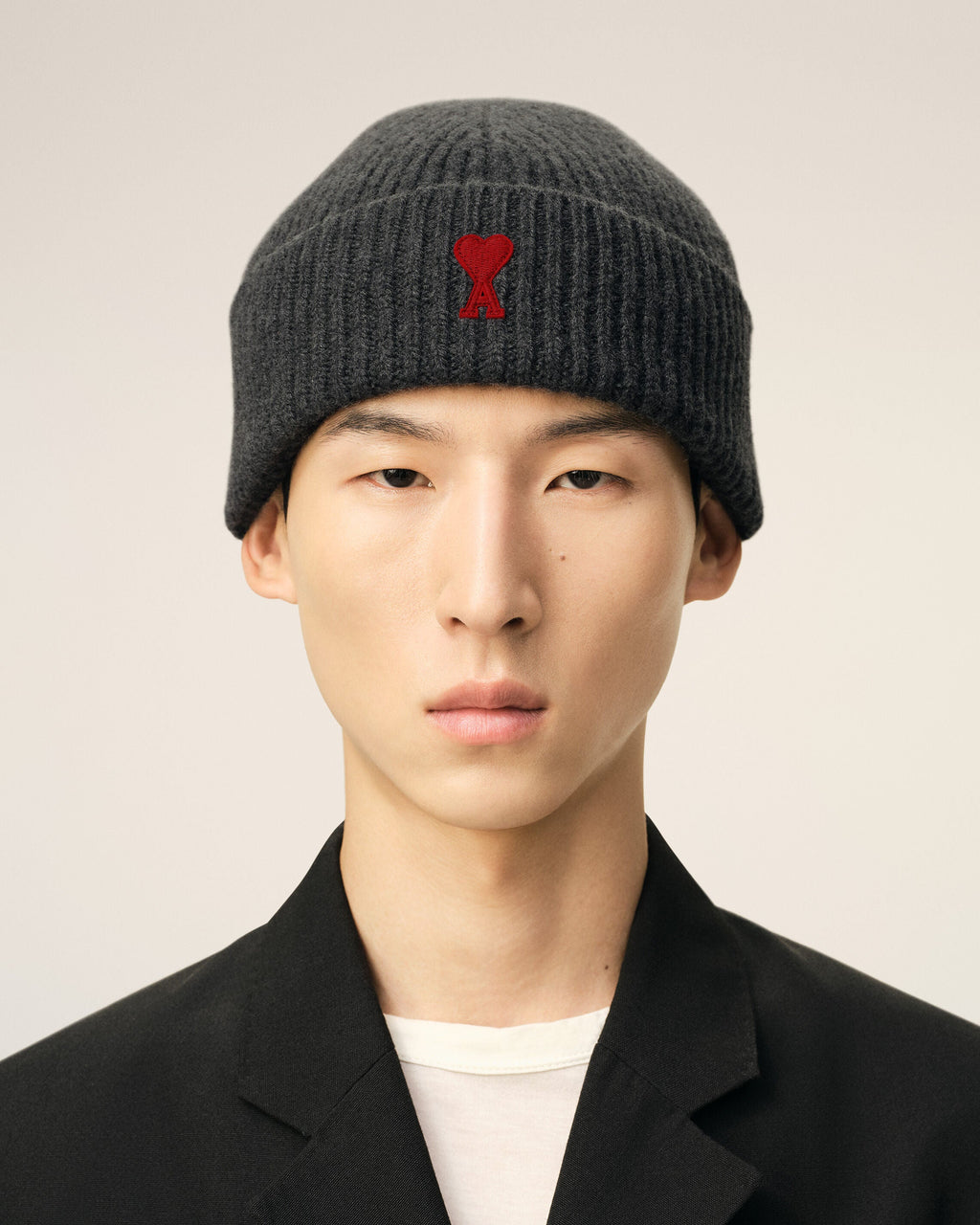 Grey Wool Beanie With Contrasted Ami De Coeur