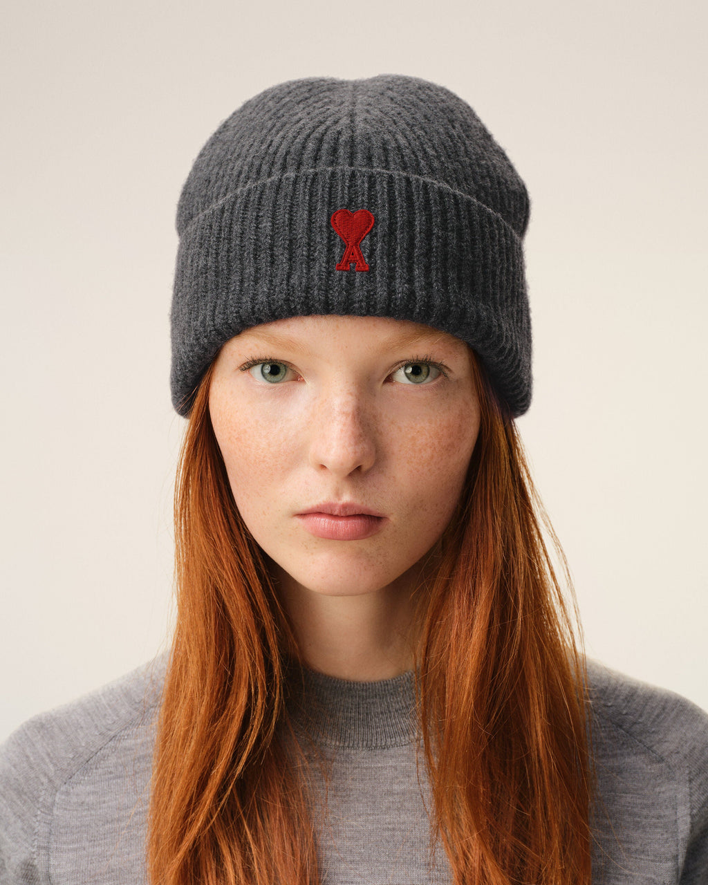 Grey Wool Beanie With Contrasted Ami De Coeur