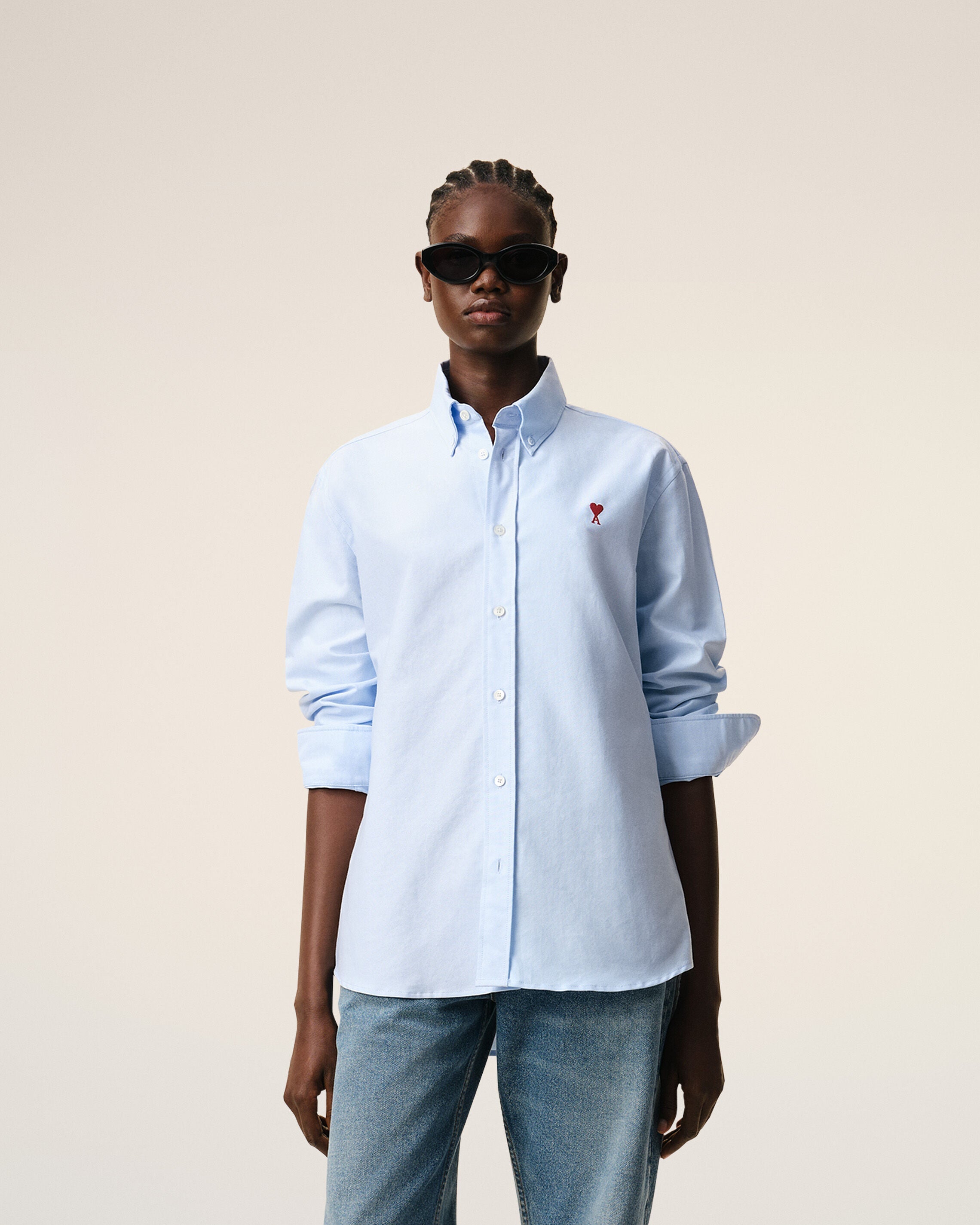 Blue Cotton Classic Long Sleeve Shirt Button Down Collar With Embroidered Adc