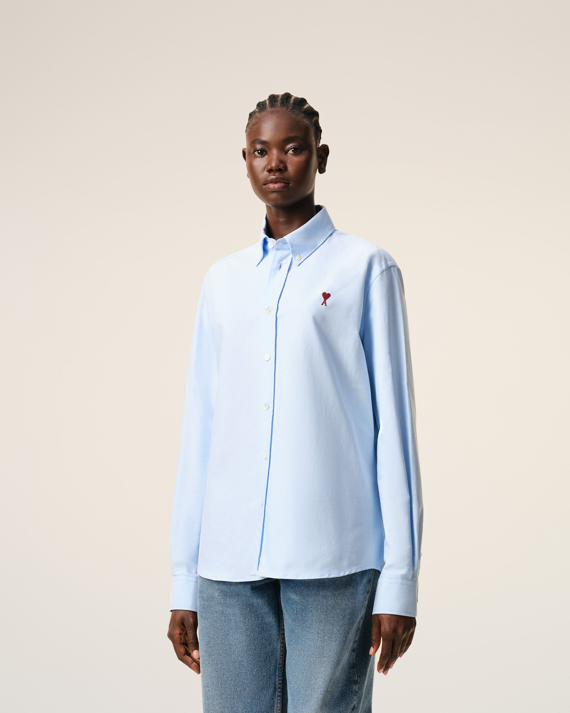 Blue Cotton Classic Long Sleeve Shirt Button Down Collar With Embroidered Adc