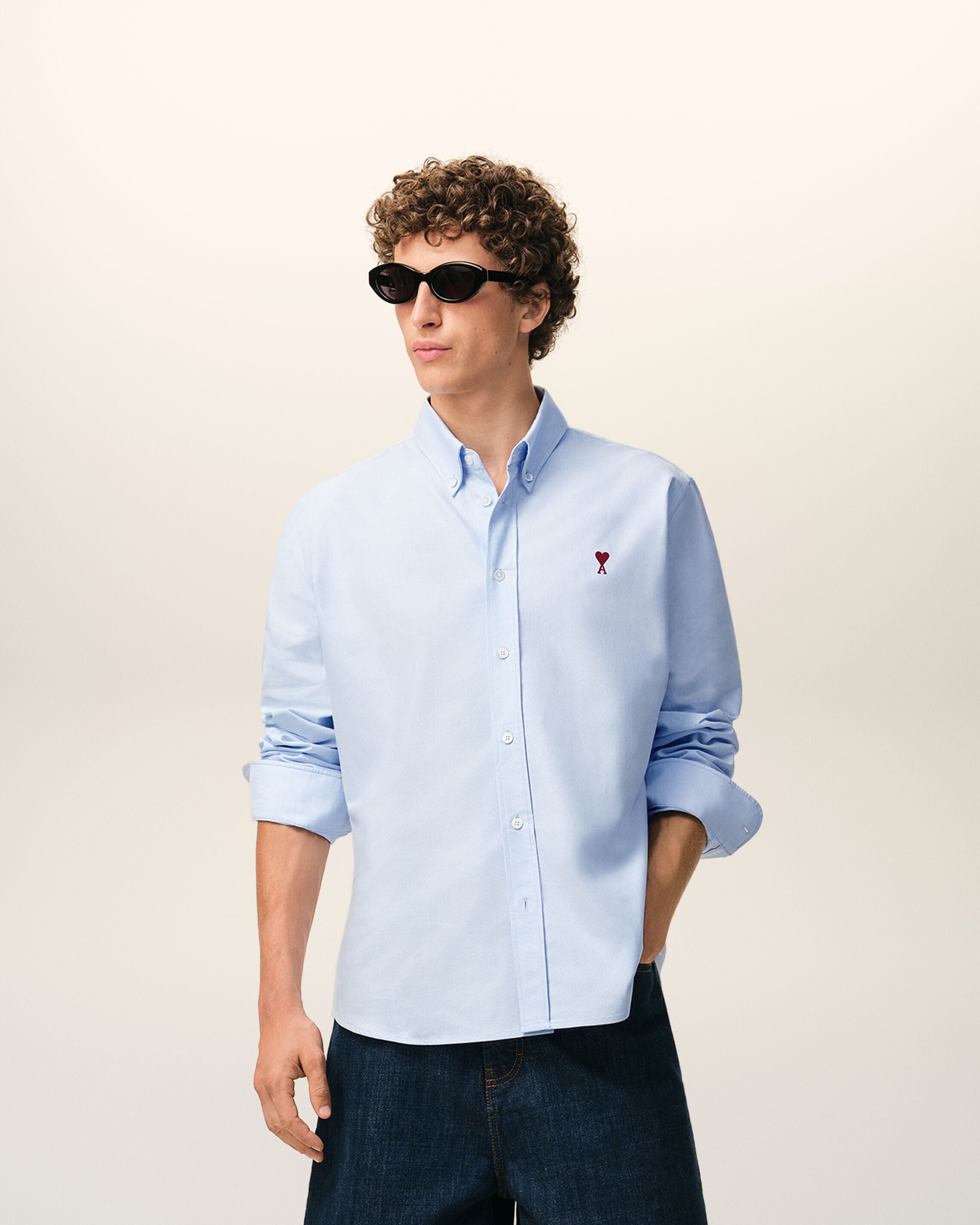 Blue Cotton Classic Long Sleeve Shirt Button Down Collar With Embroidered Adc