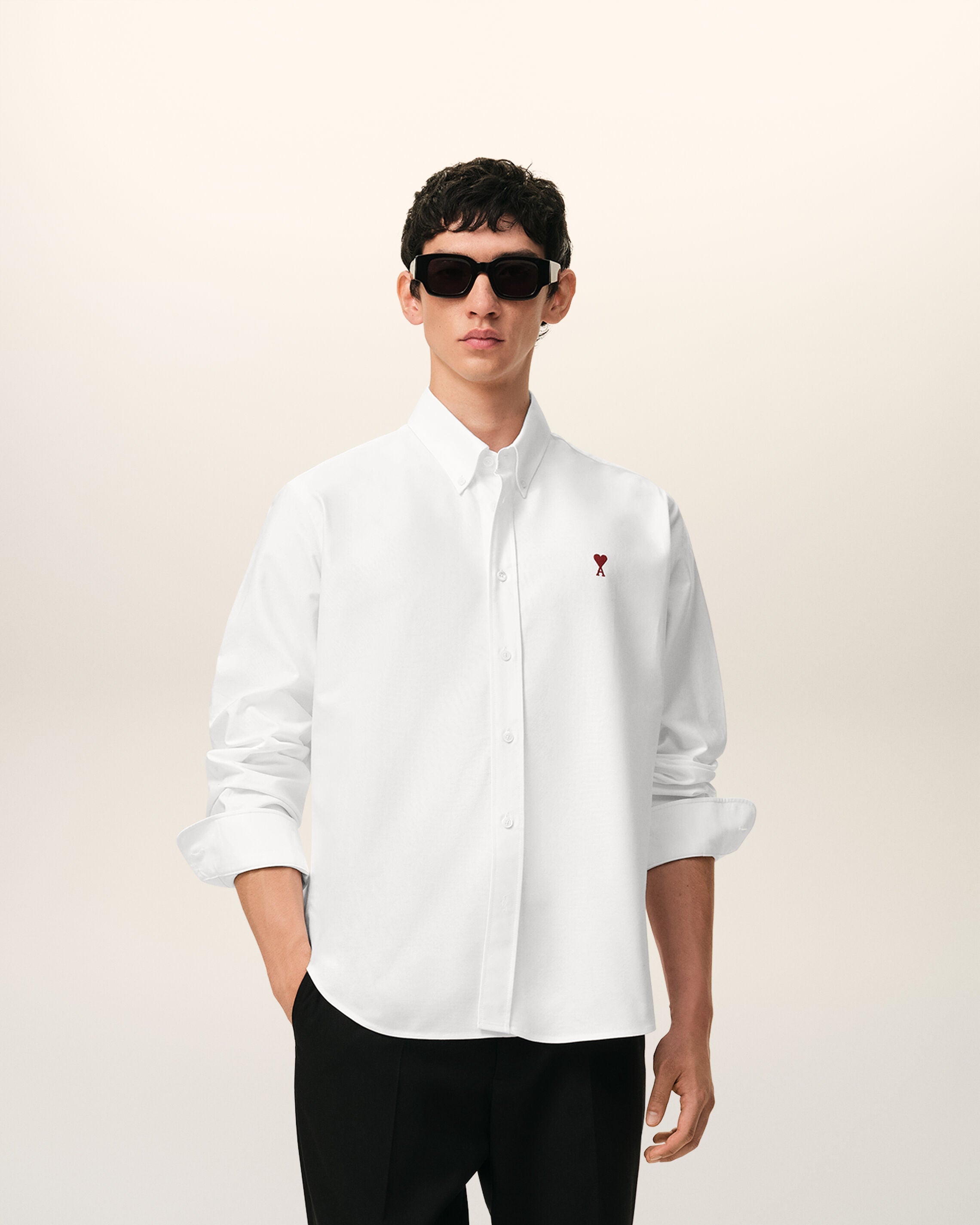 White Cotton Classic Long Sleeve Shirt Button Down Collar With Embroidered Adc