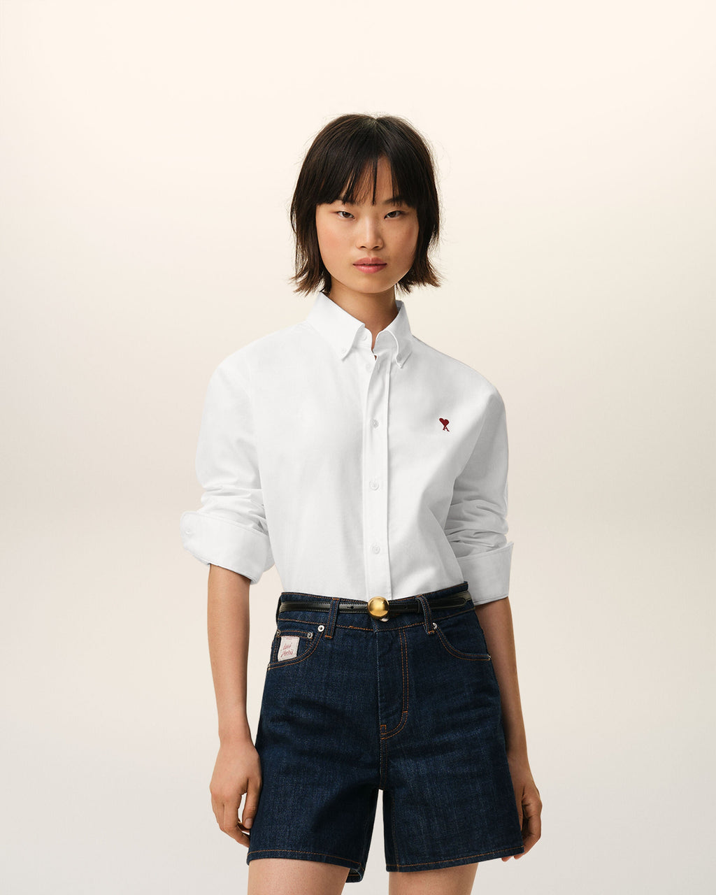 White Cotton Classic Long Sleeve Shirt Button Down Collar With Embroidered Adc