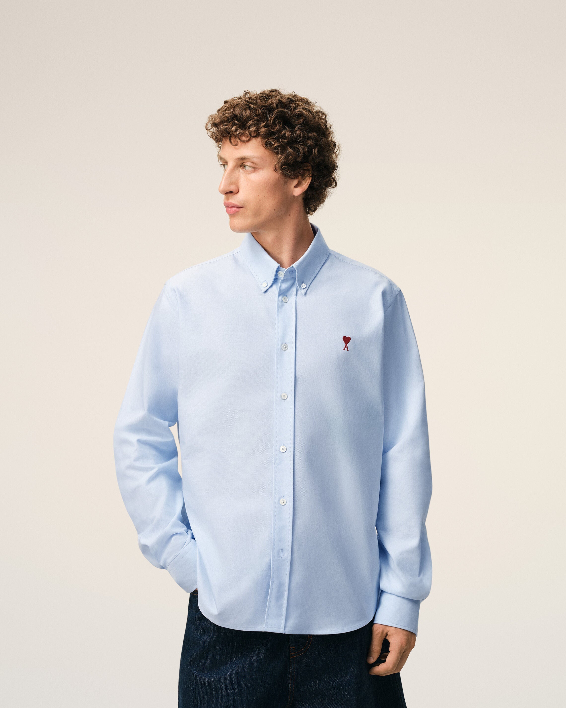 Blue Cotton Classic Long Sleeve Shirt Button Down Collar With Embroidered Adc