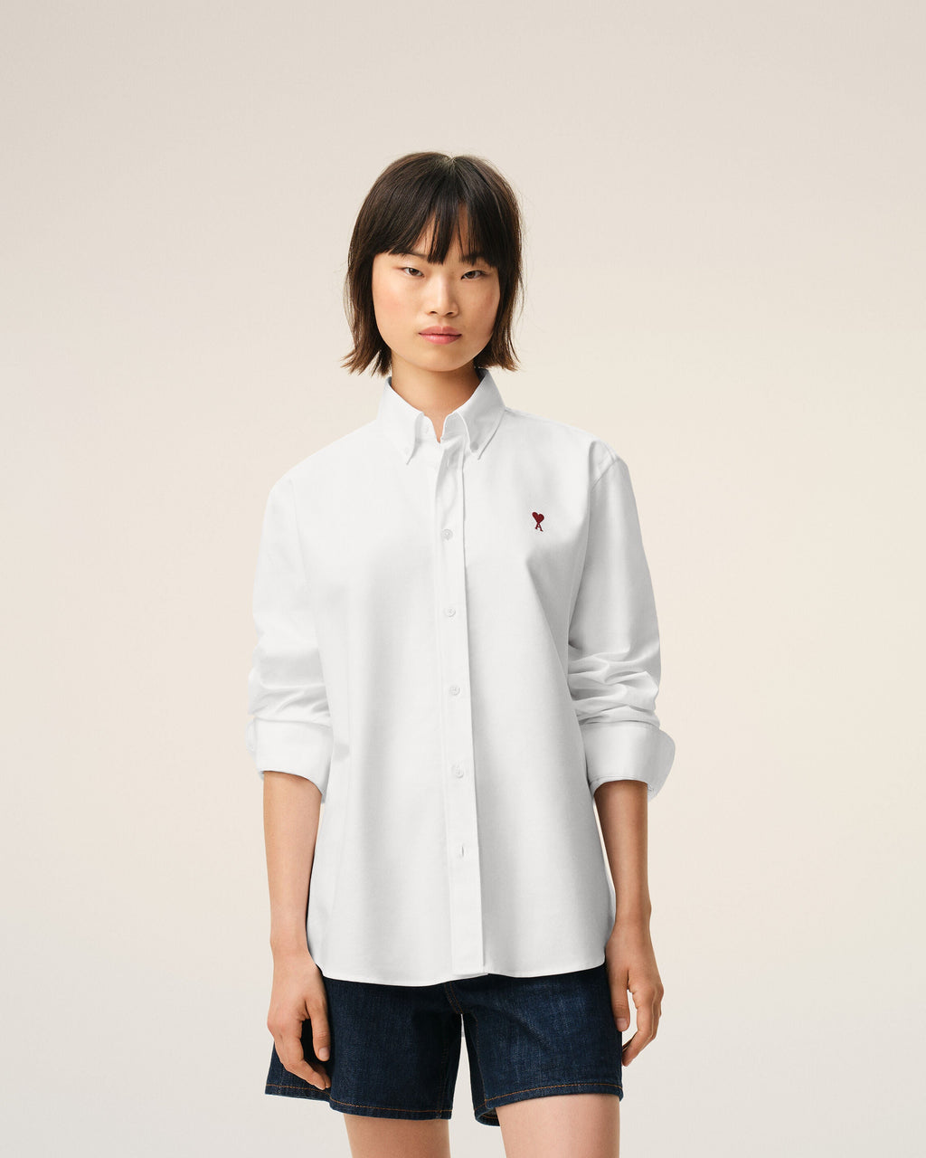 White Cotton Classic Long Sleeve Shirt Button Down Collar With Embroidered Adc