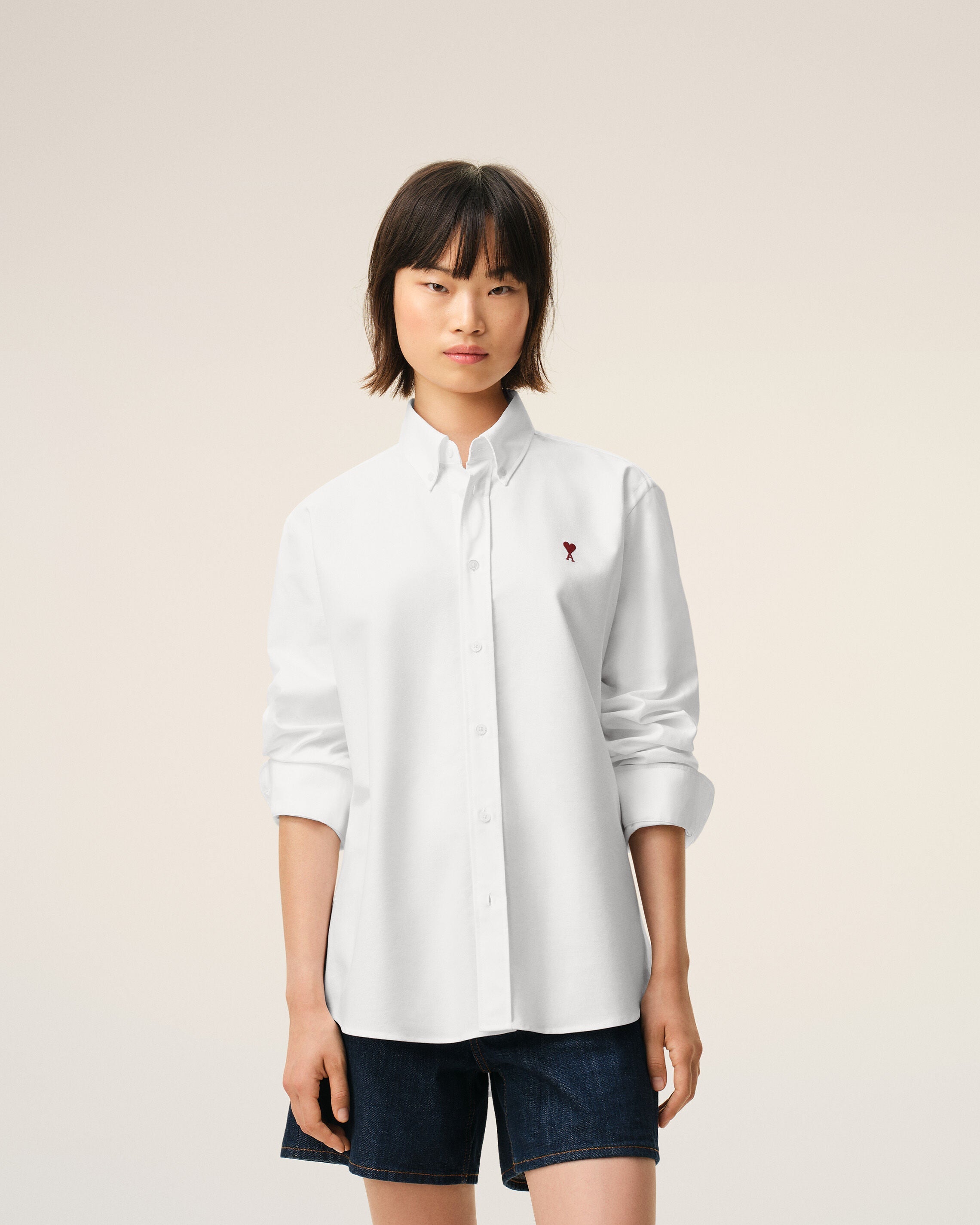 White Cotton Classic Long Sleeve Shirt Button Down Collar With Embroidered Adc
