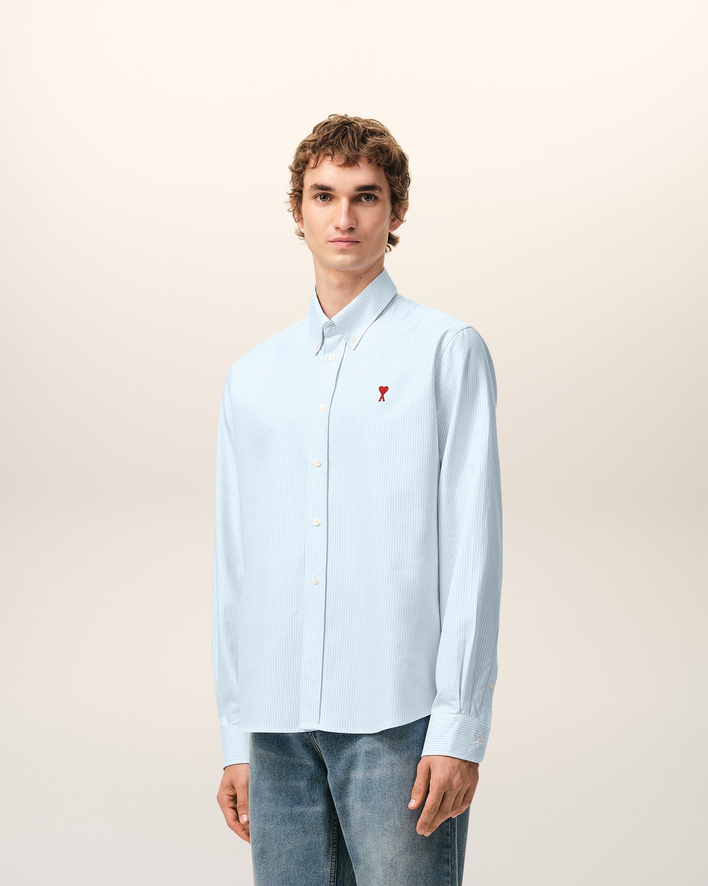 Blue Cotton Classic Long Sleeve Shirt Button Down Collar With Embroidered Adc