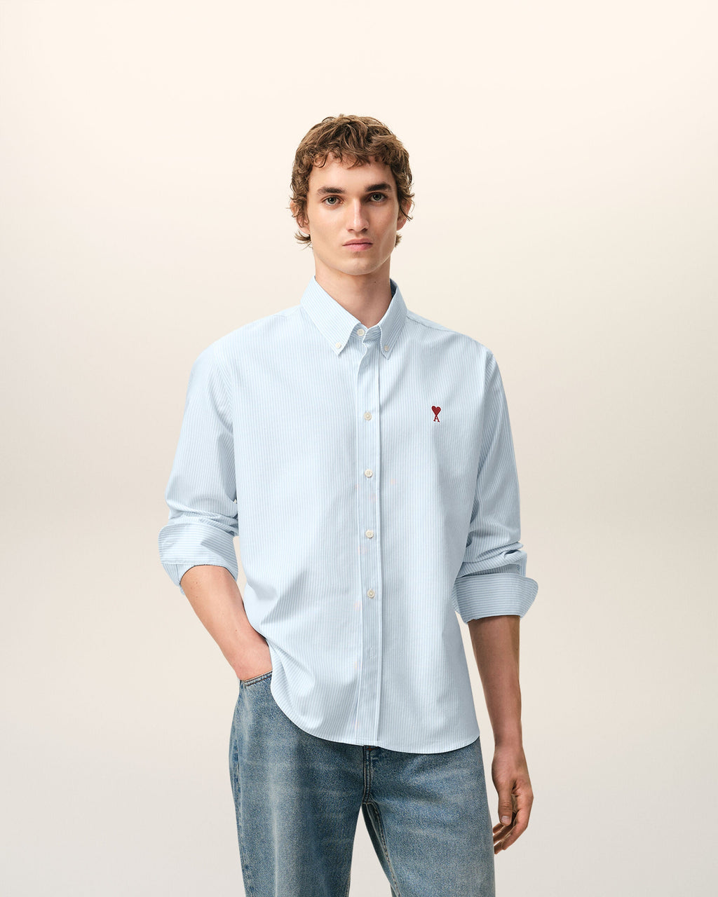 Blue Cotton Classic Long Sleeve Shirt Button Down Collar With Embroidered Adc