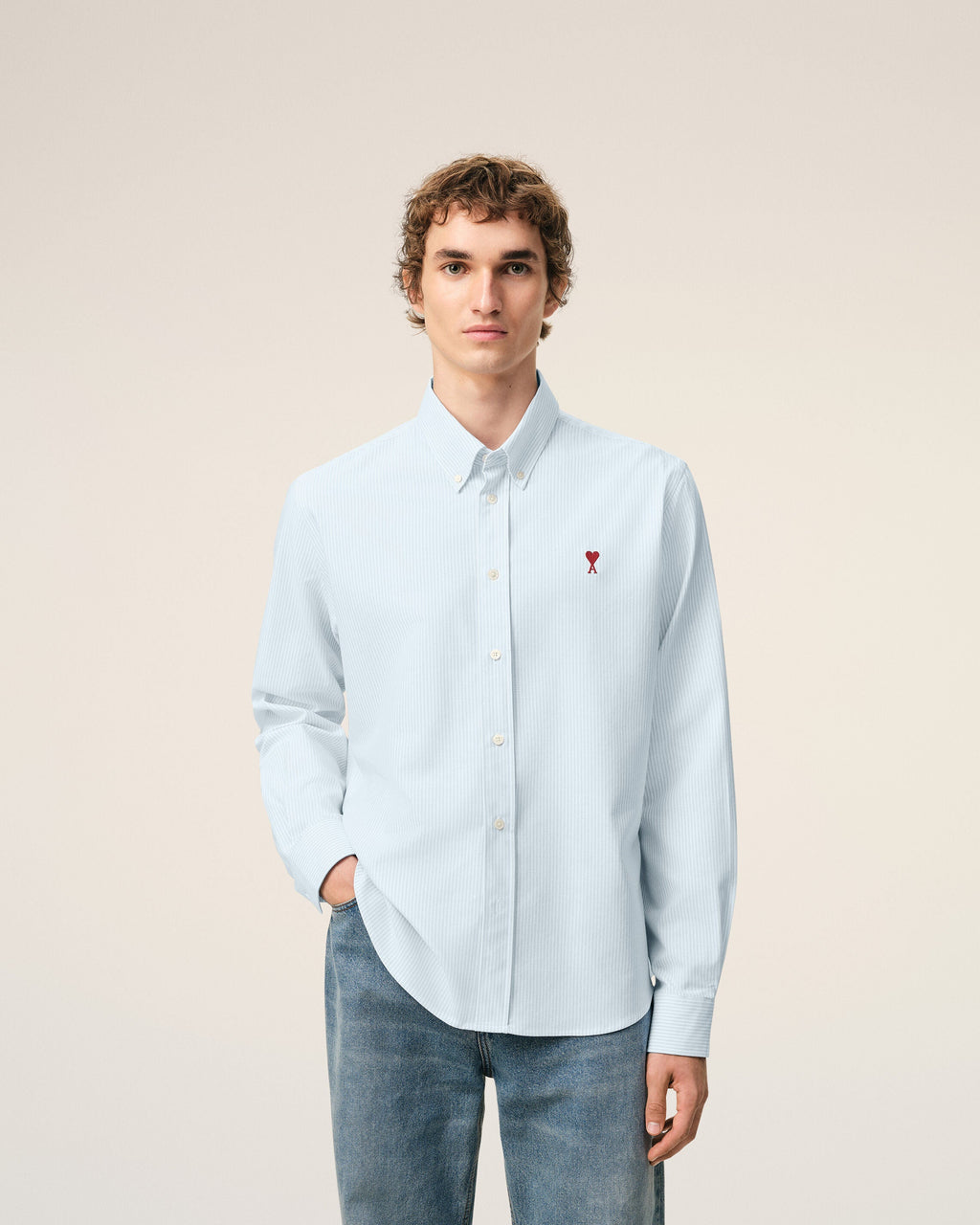 Blue Cotton Classic Long Sleeve Shirt Button Down Collar With Embroidered Adc