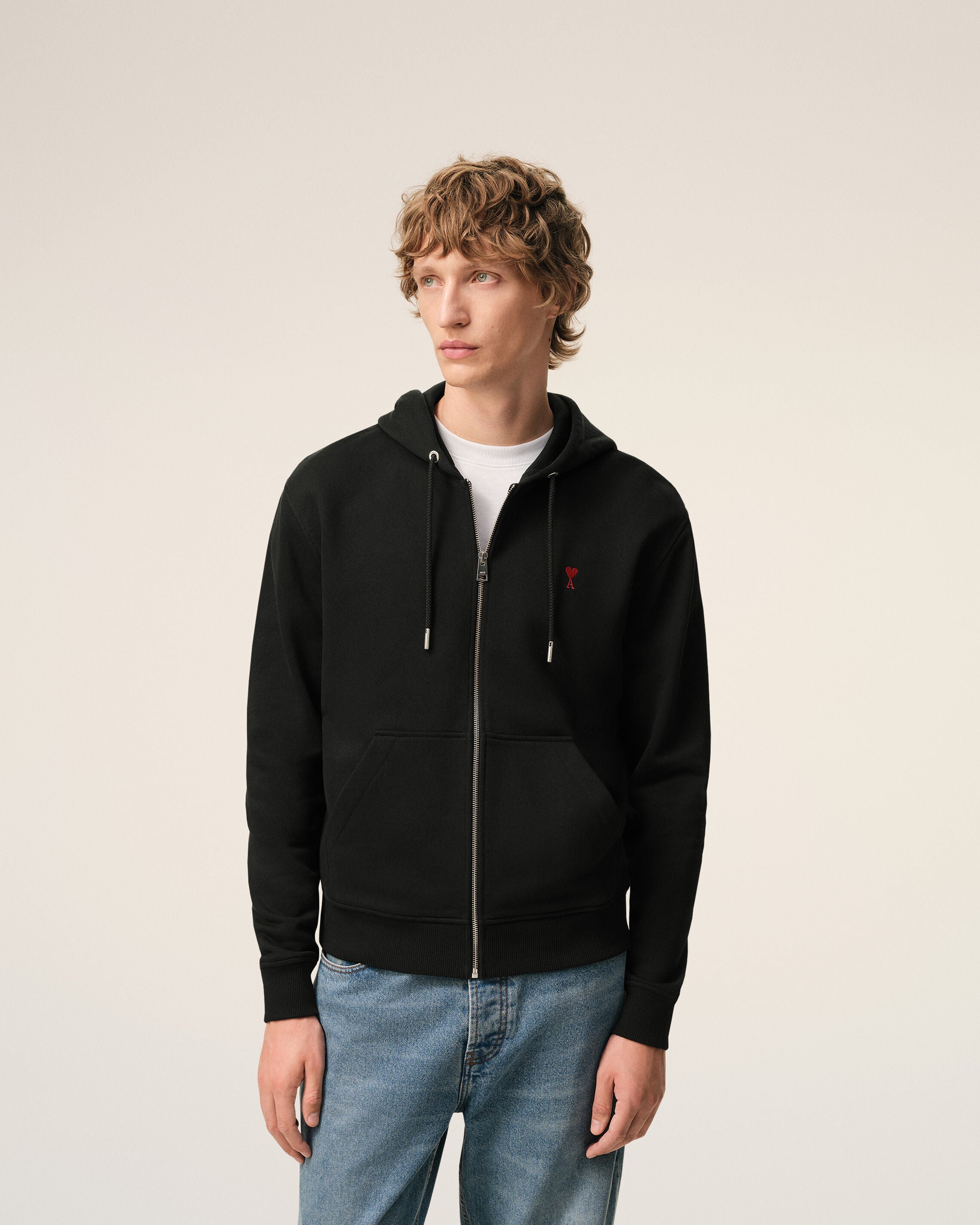 Black Cotton Red Ami De Coeur Zipped Hoodie