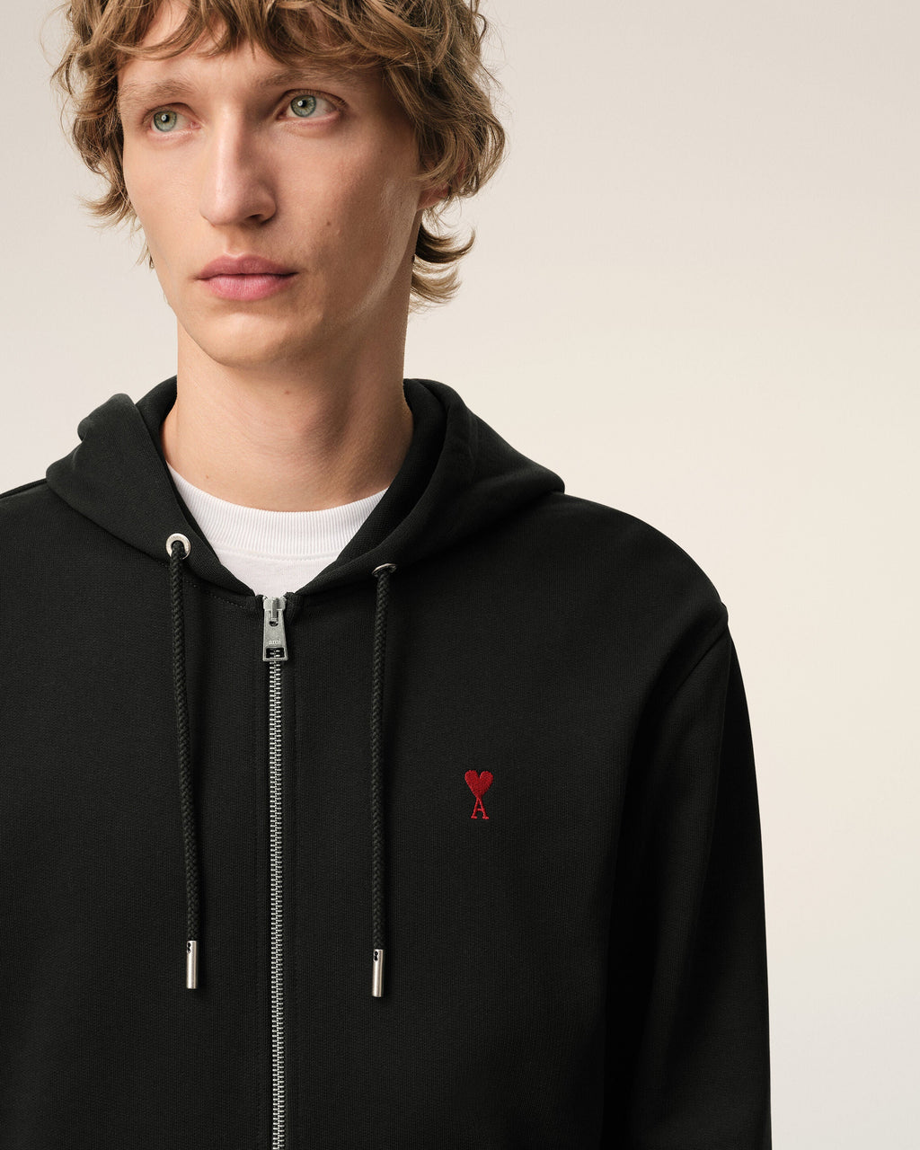 Black Cotton Red Ami De Coeur Zipped Hoodie
