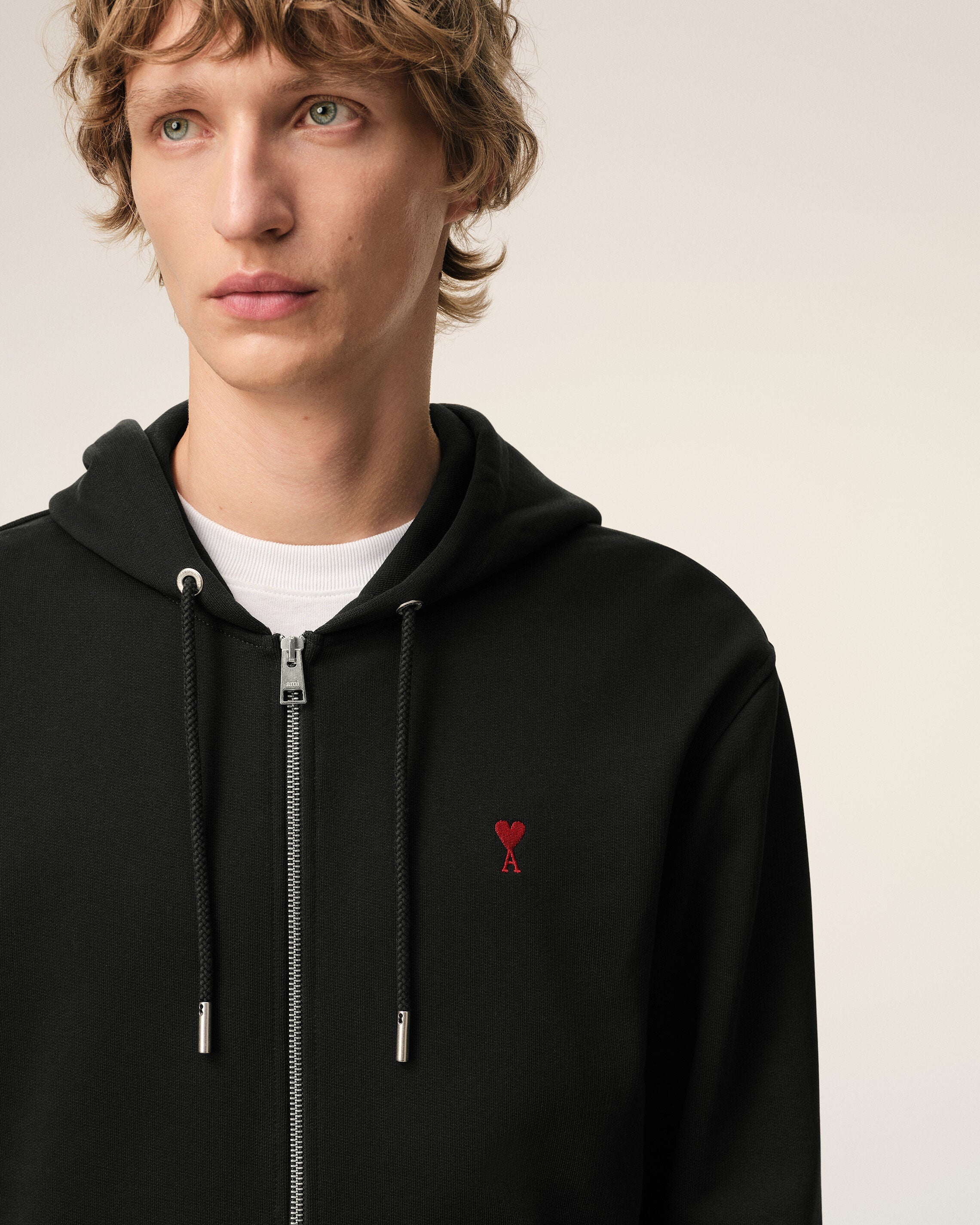 Black Cotton Red Ami De Coeur Zipped Hoodie