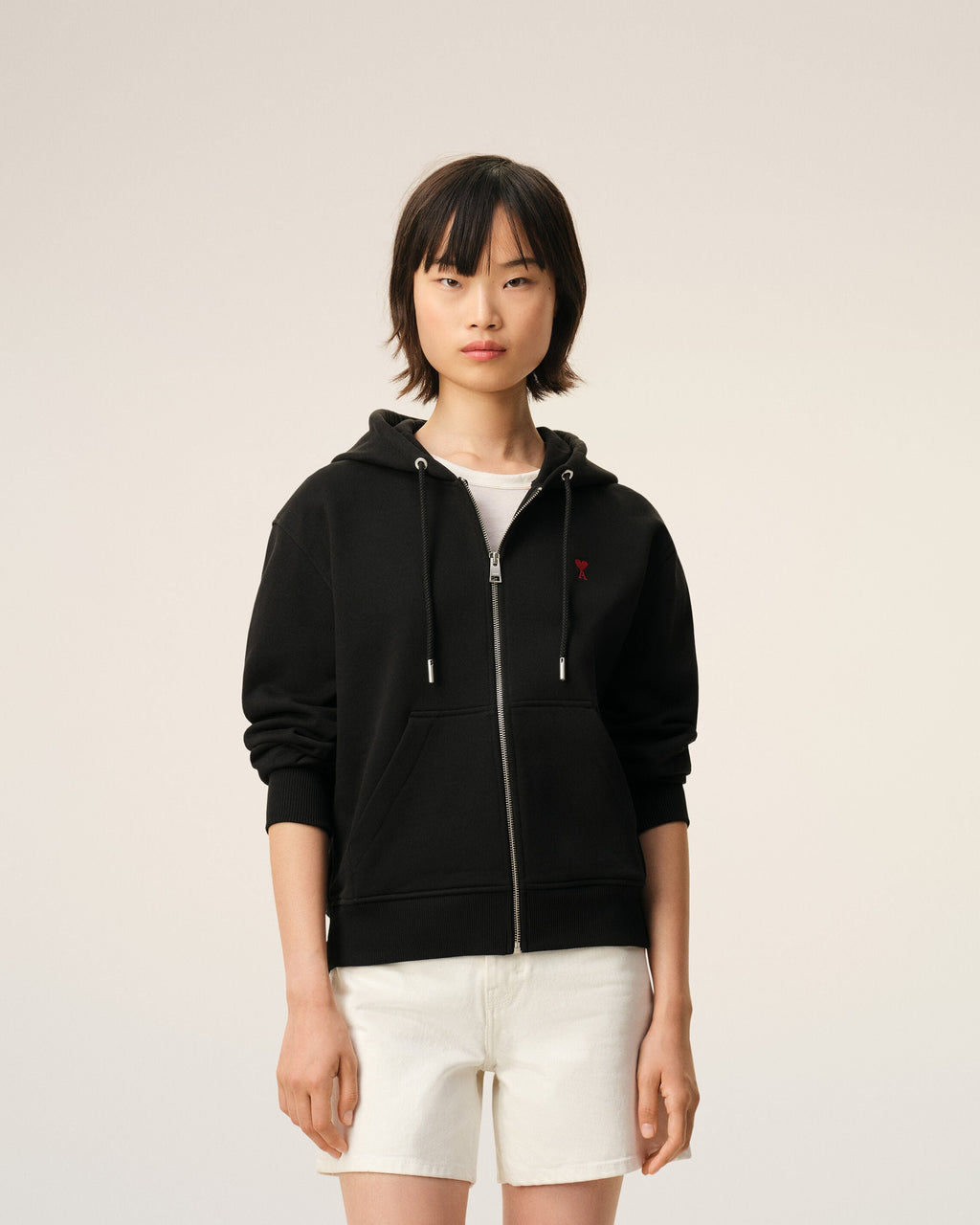 Black Cotton Red Ami De Coeur Zipped Hoodie