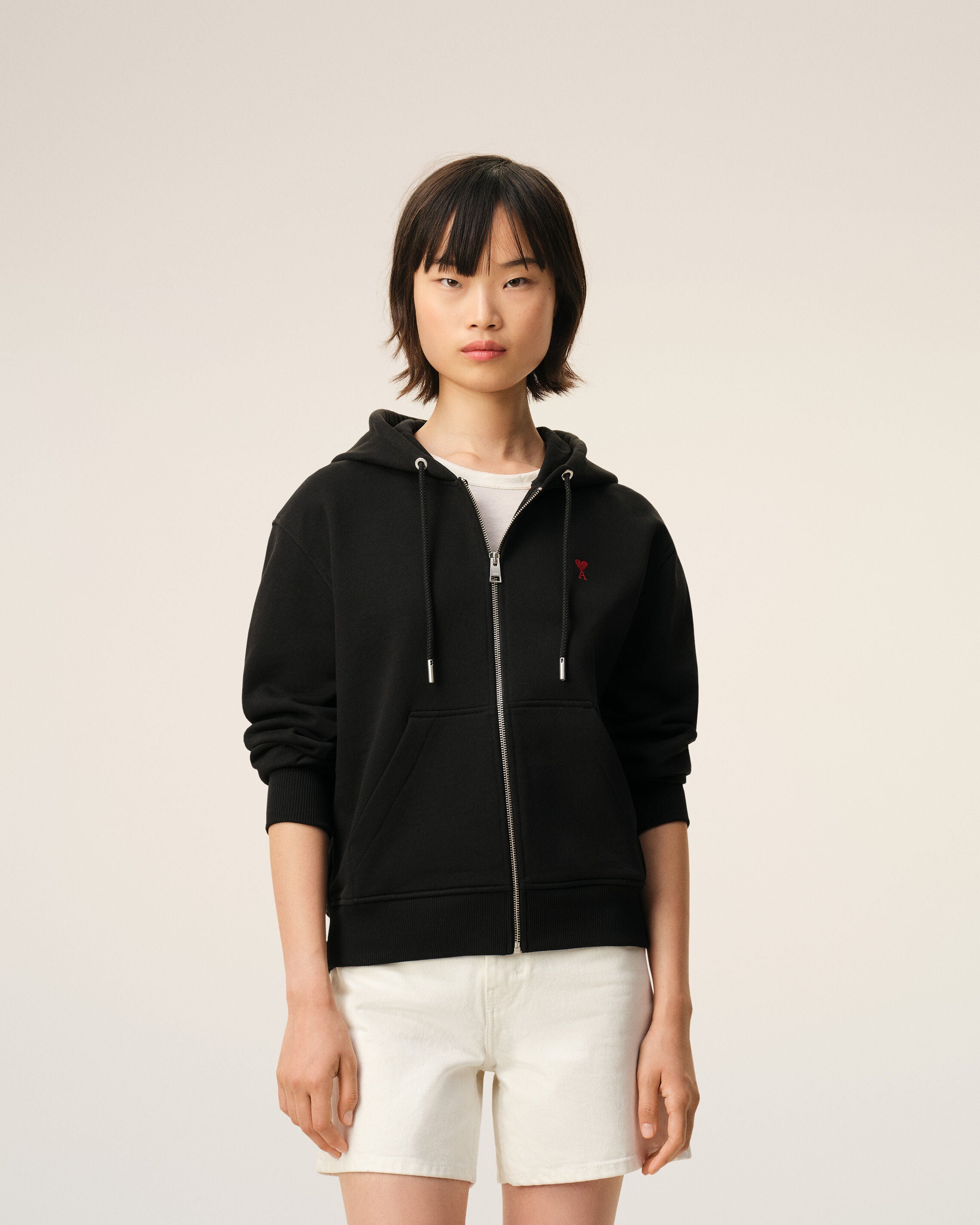 Black Cotton Red Ami De Coeur Zipped Hoodie