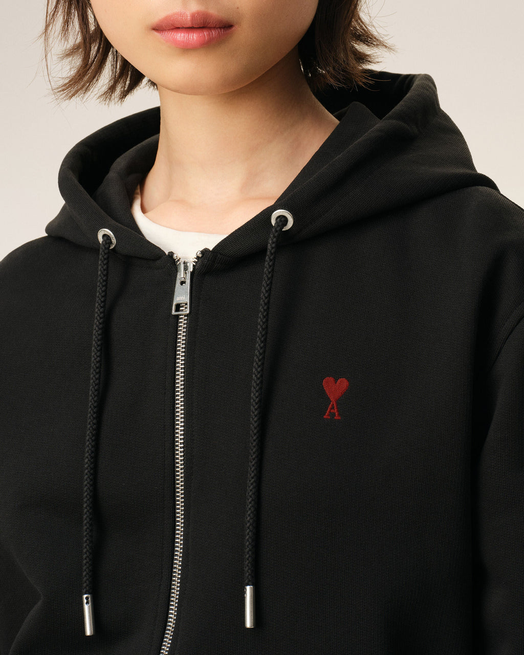 Black Cotton Red Ami De Coeur Zipped Hoodie