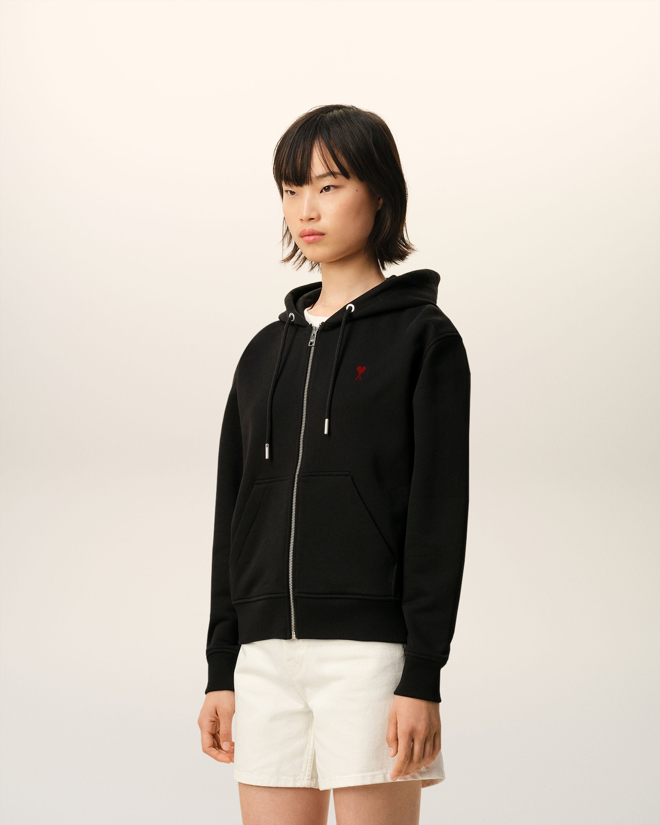 Black Cotton Red Ami De Coeur Zipped Hoodie