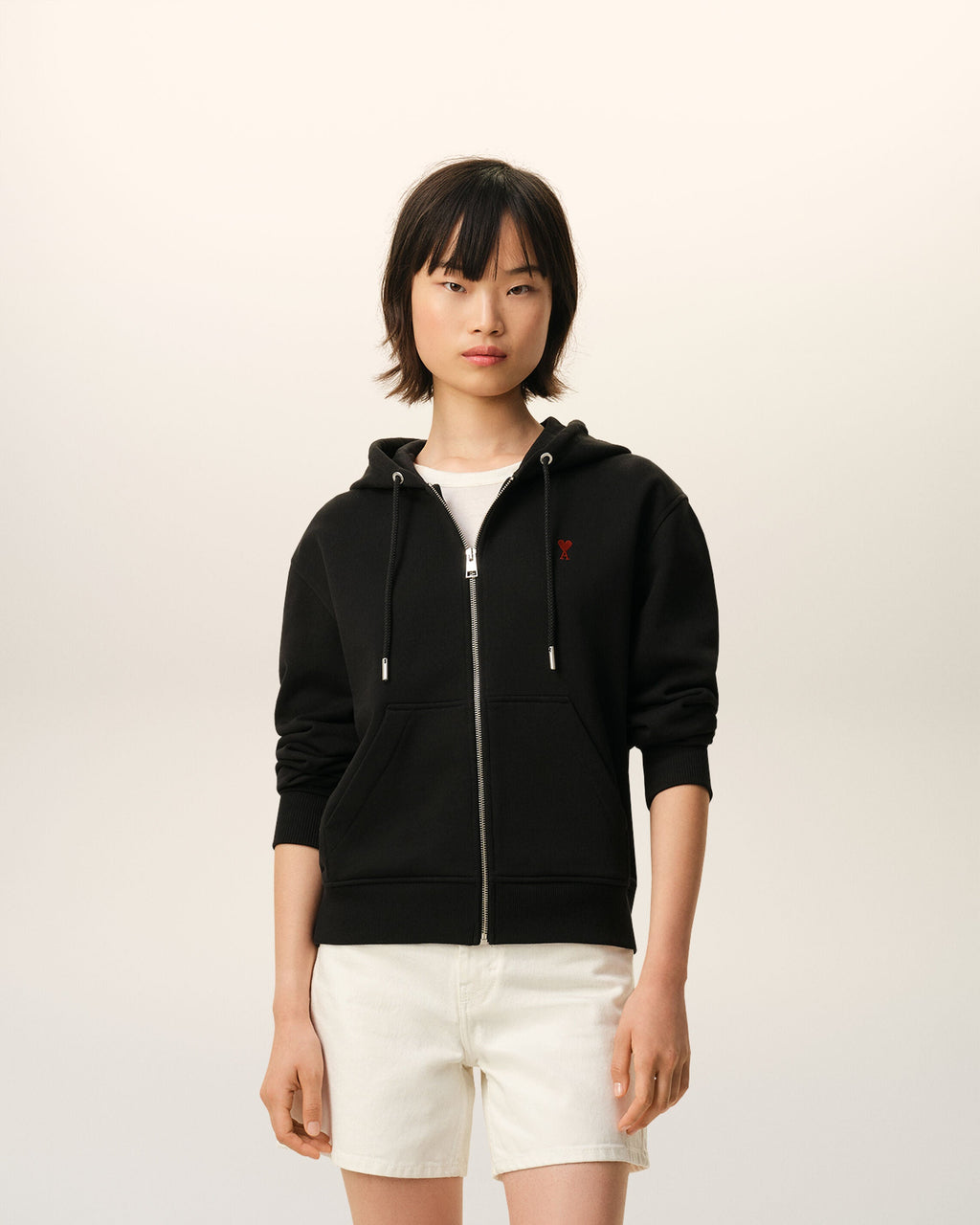 Black Cotton Red Ami De Coeur Zipped Hoodie