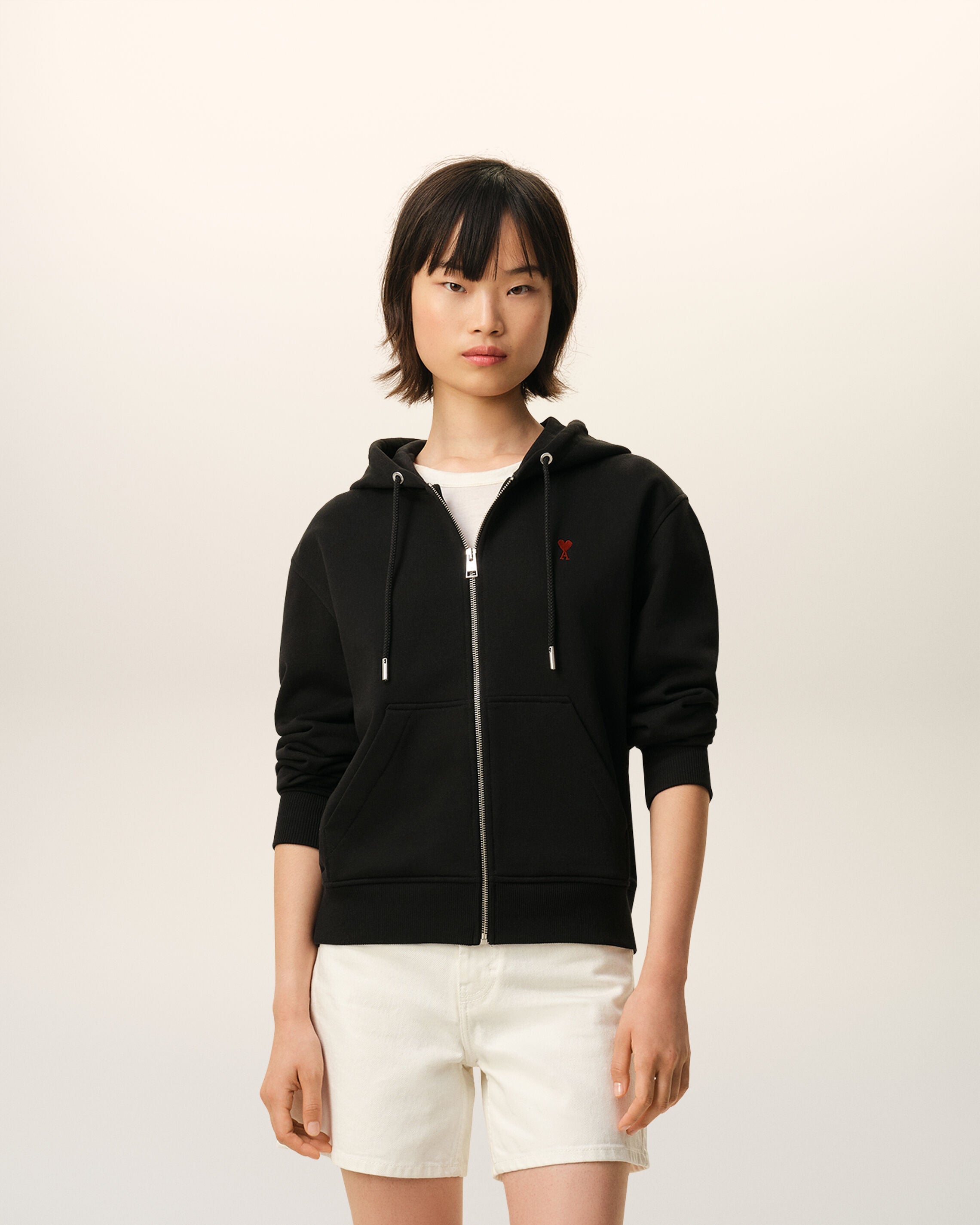 Black Cotton Red Ami De Coeur Zipped Hoodie
