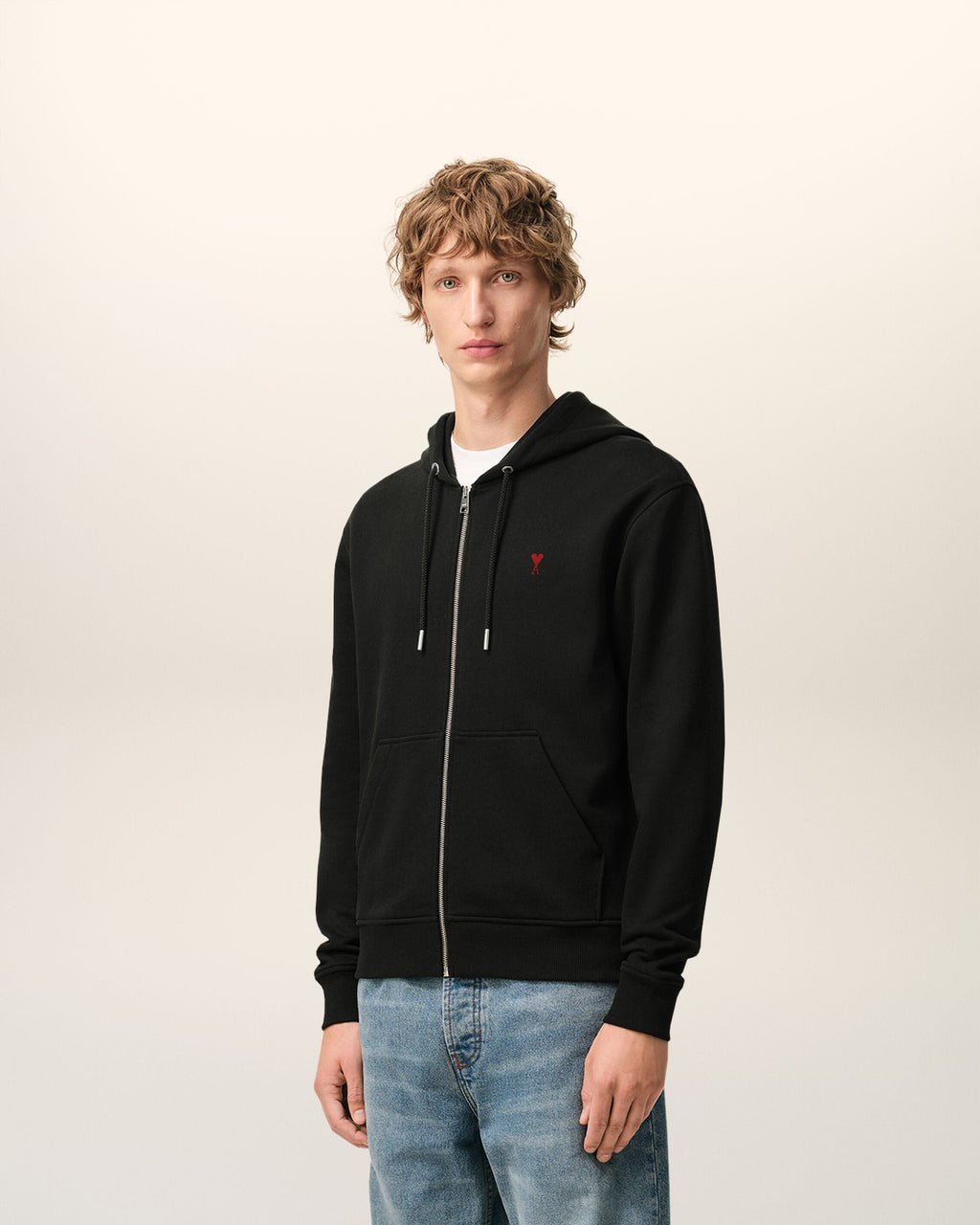 Black Cotton Red Ami De Coeur Zipped Hoodie