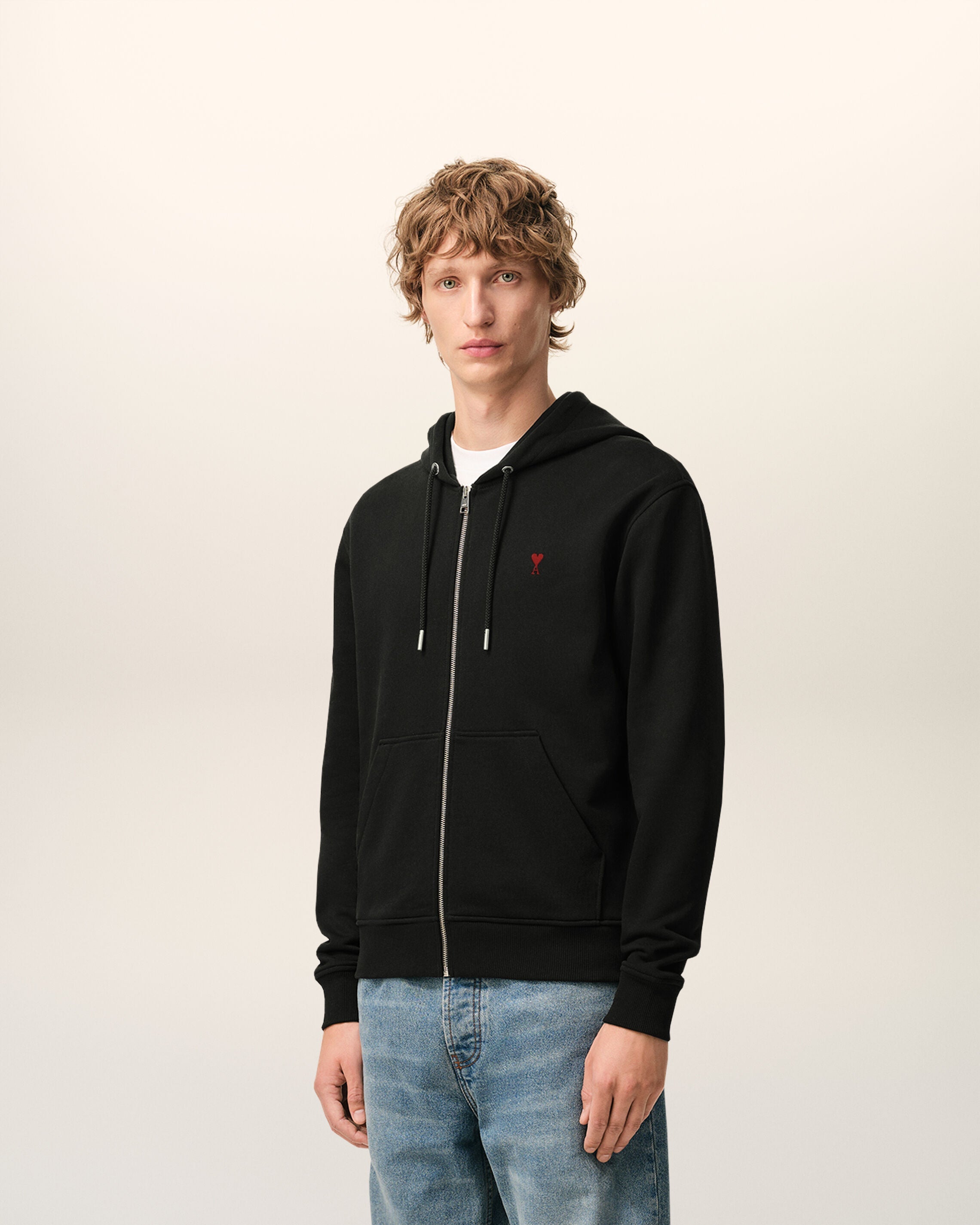 Black Cotton Red Ami De Coeur Zipped Hoodie