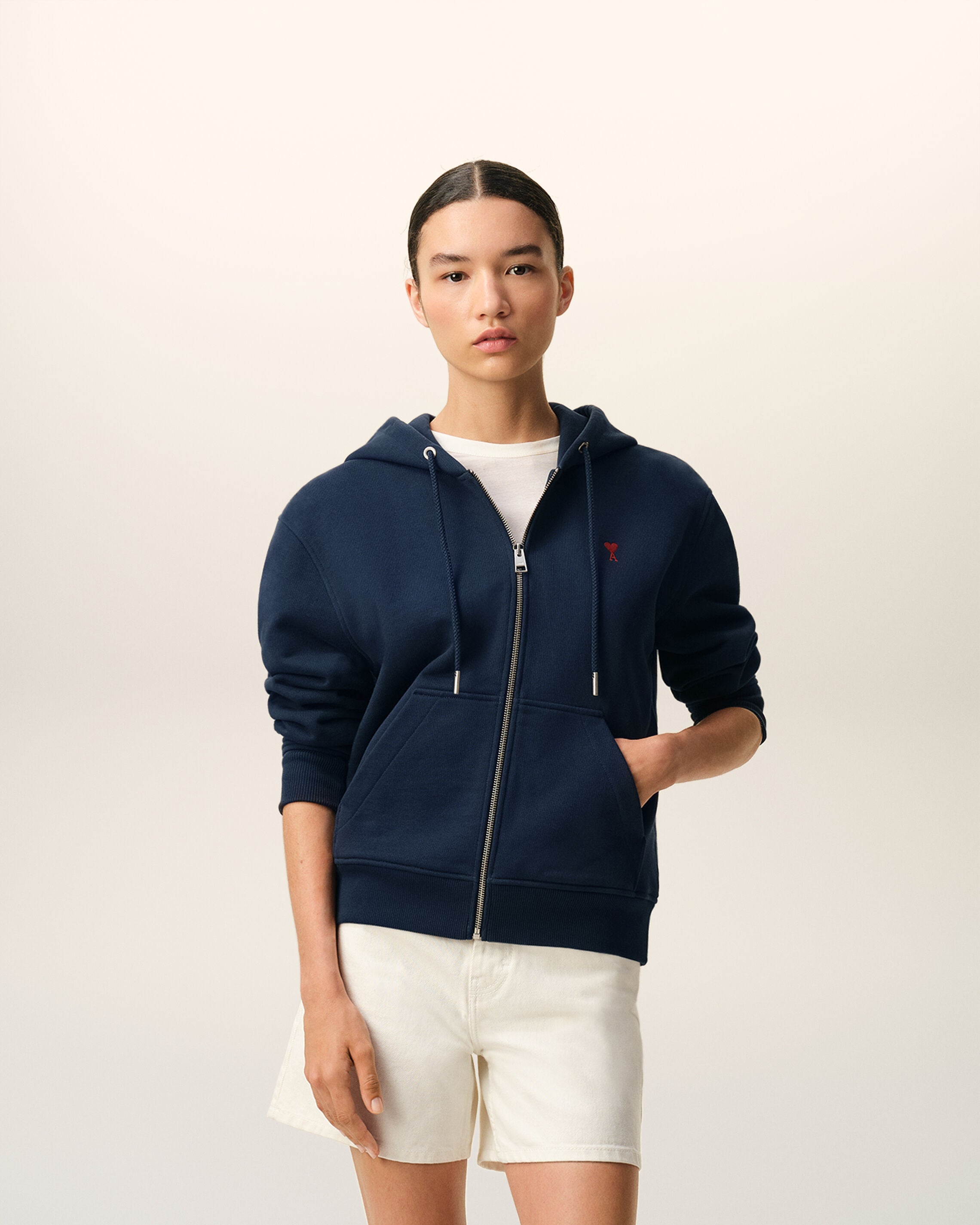 Blue Cotton Red Ami De Coeur Zipped Hoodie