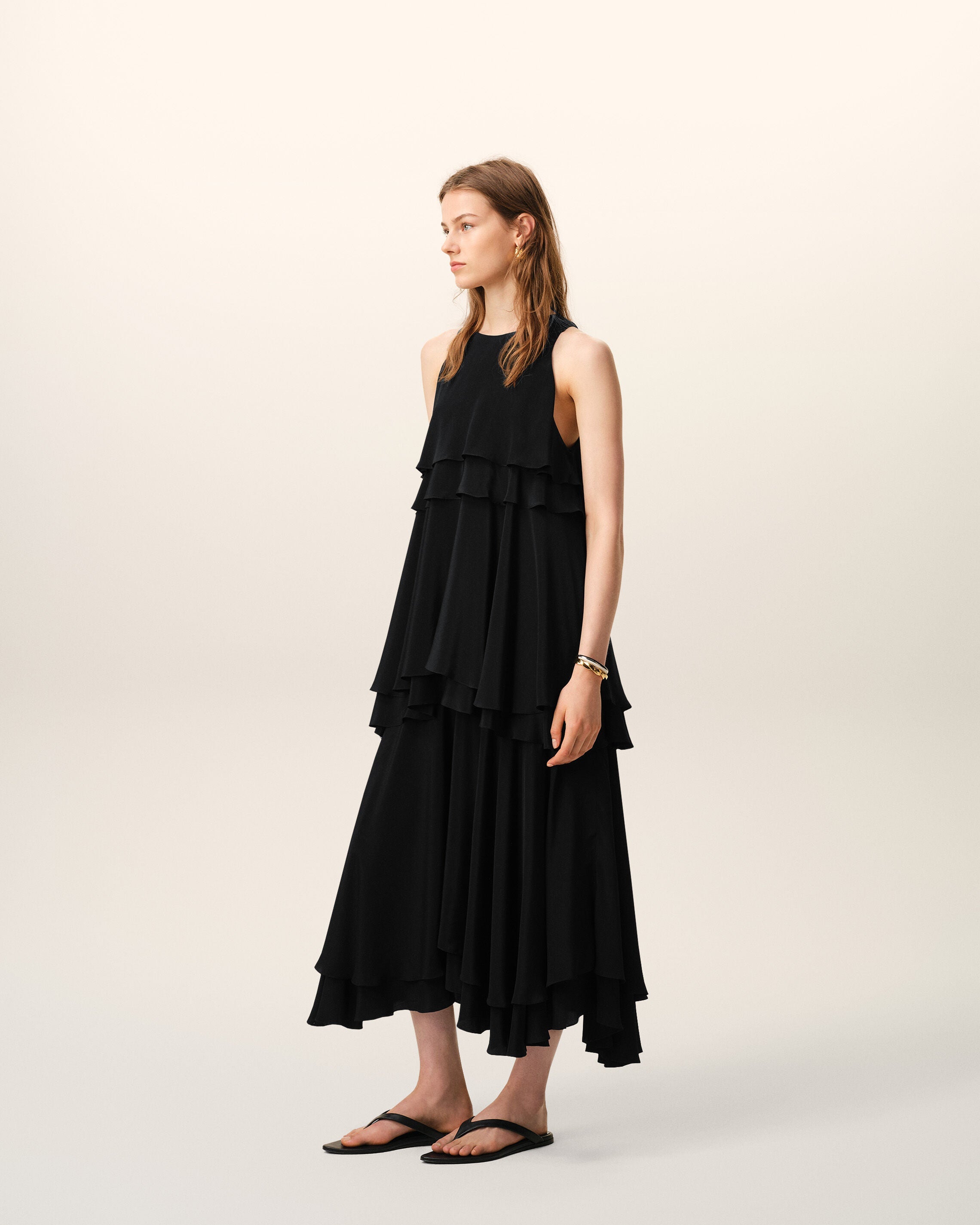 Black Blended Silk Long Dress With Ruffles
