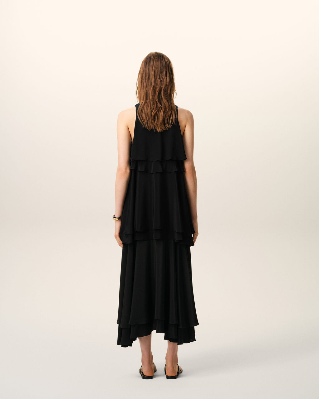 Black Blended Silk Long Dress With Ruffles