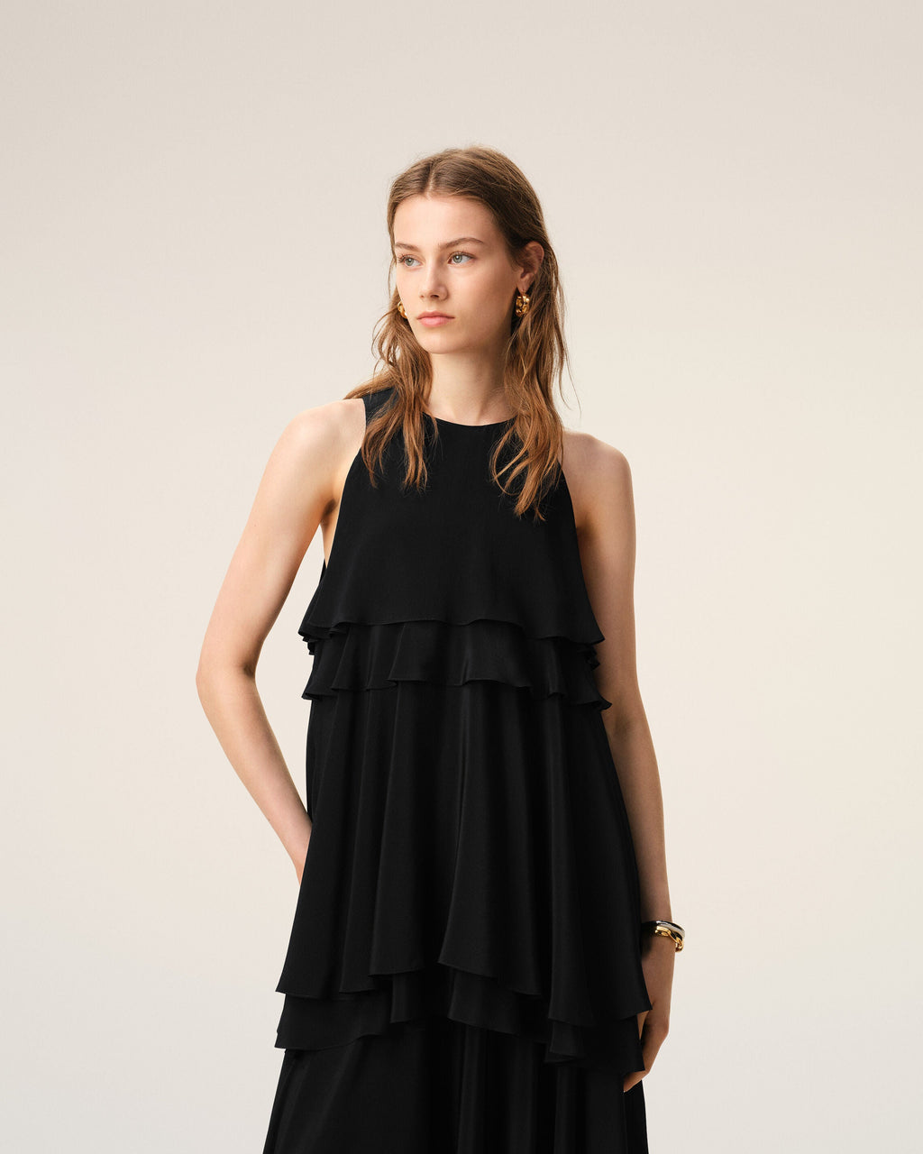 Black Blended Silk Long Dress With Ruffles