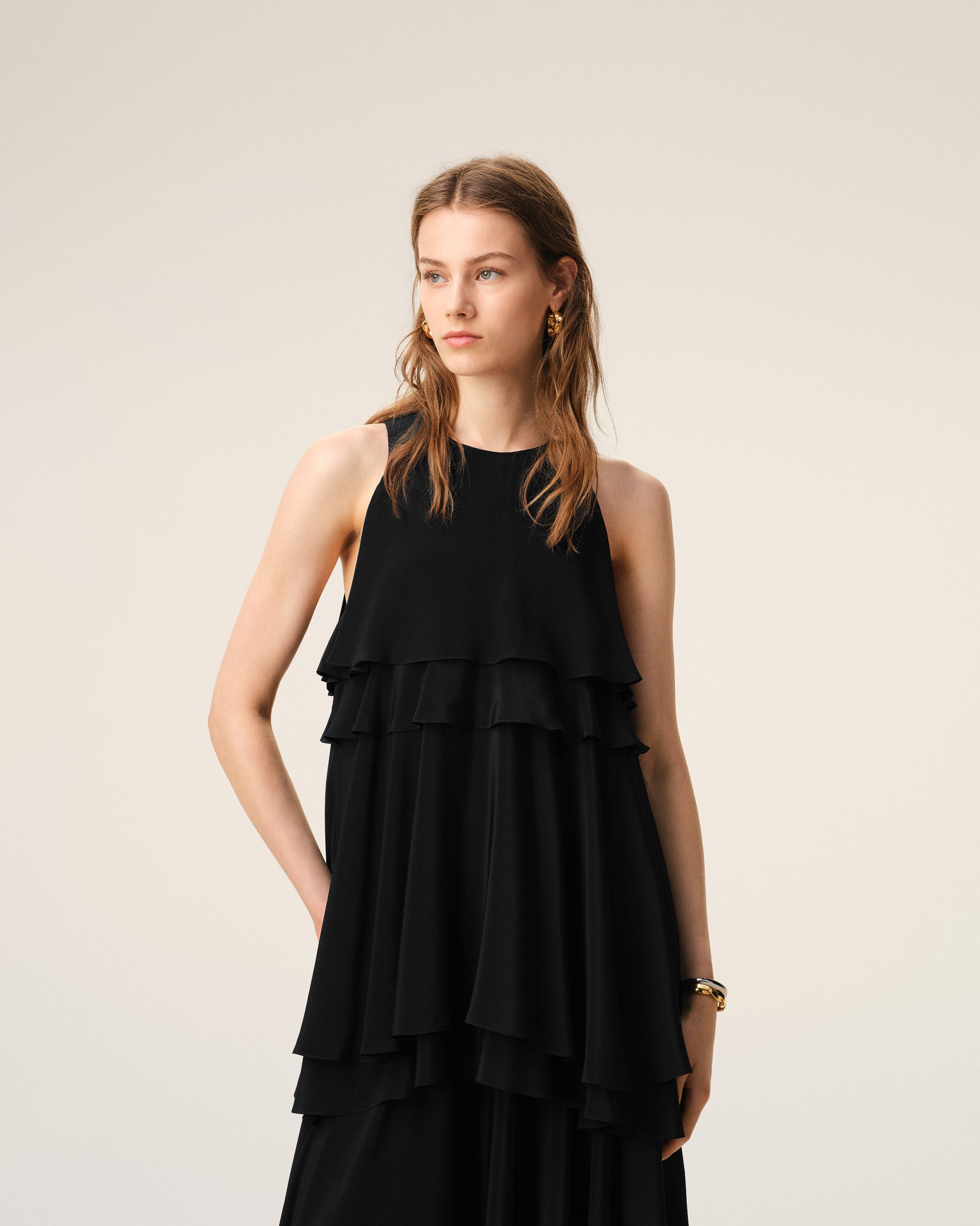 Black Blended Silk Long Dress With Ruffles