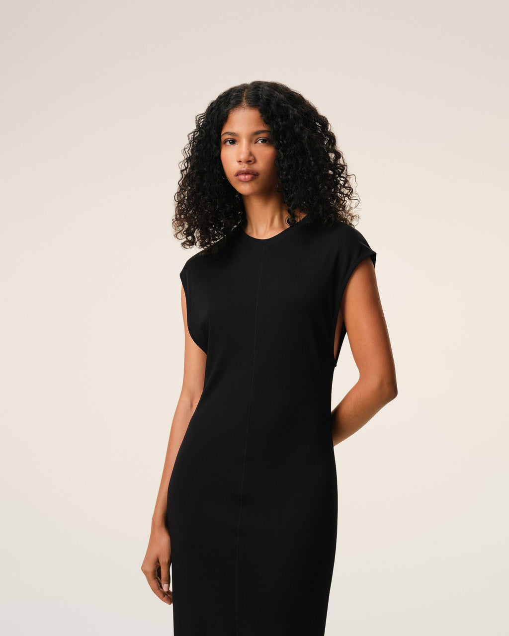 Black Jersey Sleeveless Fitted Long  Dress