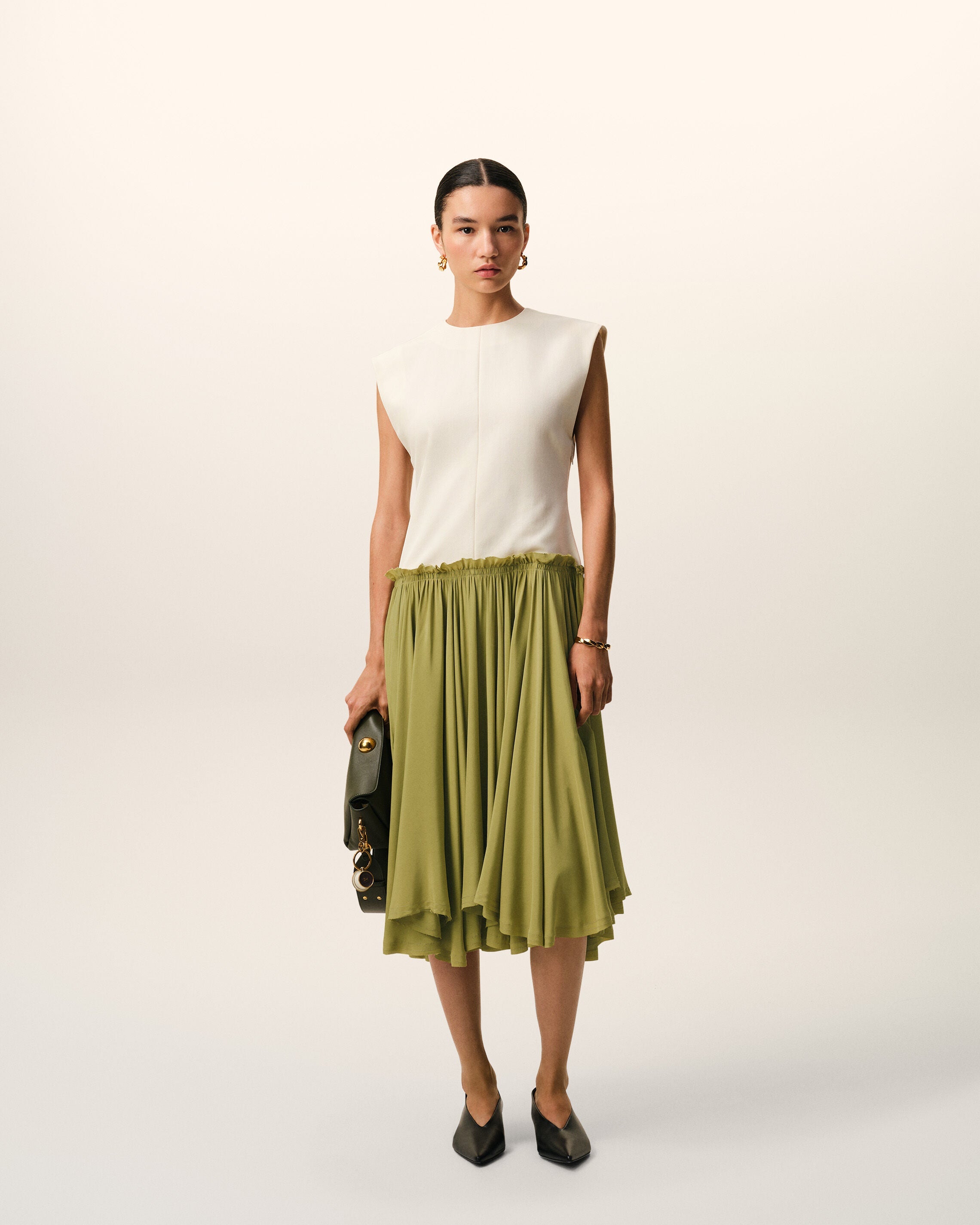 White And Green Bicolor New Wool Midi Dress