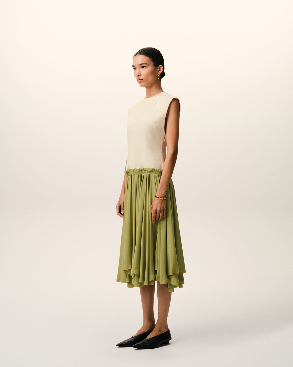 White And Green Bicolor New Wool Midi Dress