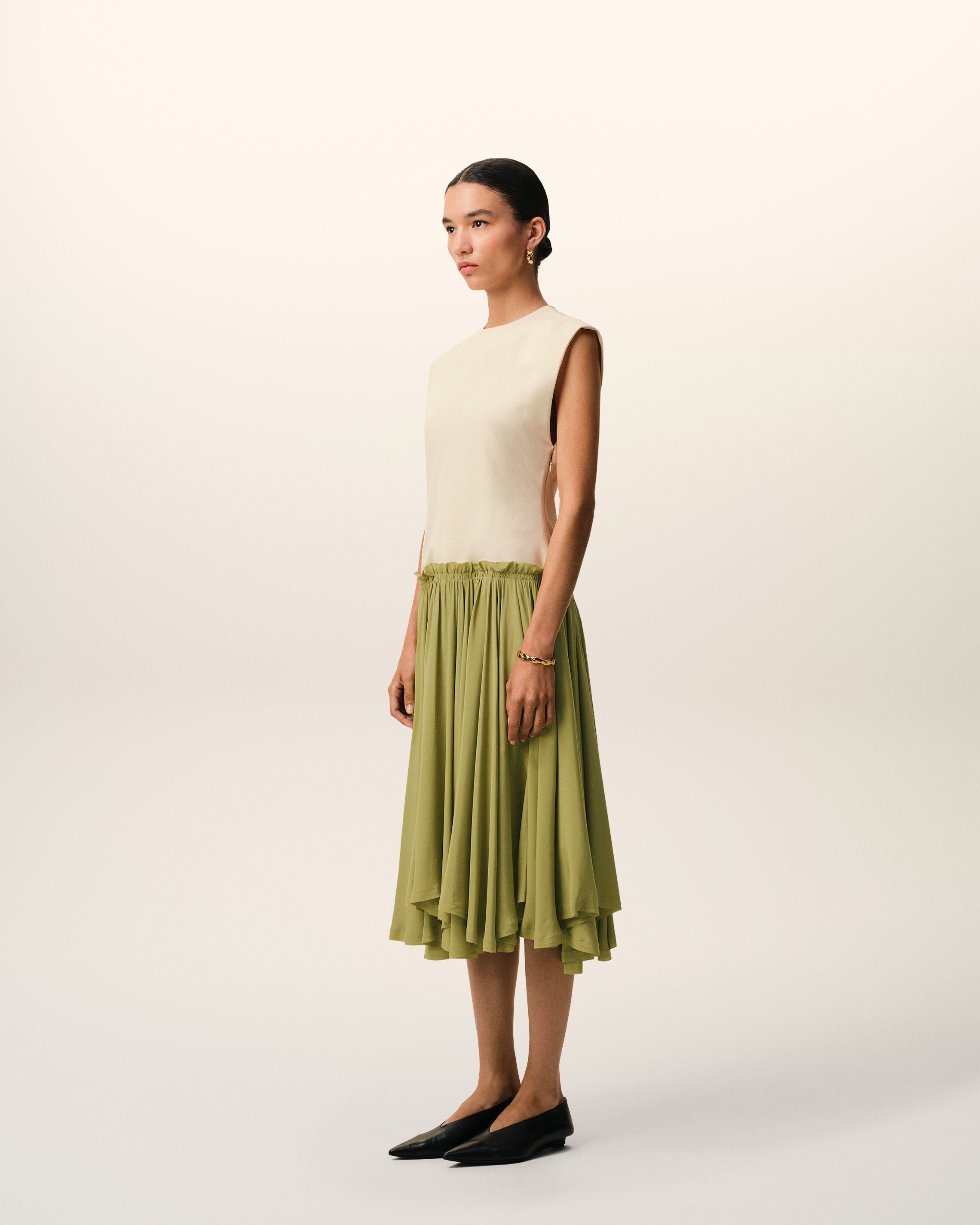 White And Green Bicolor New Wool Midi Dress