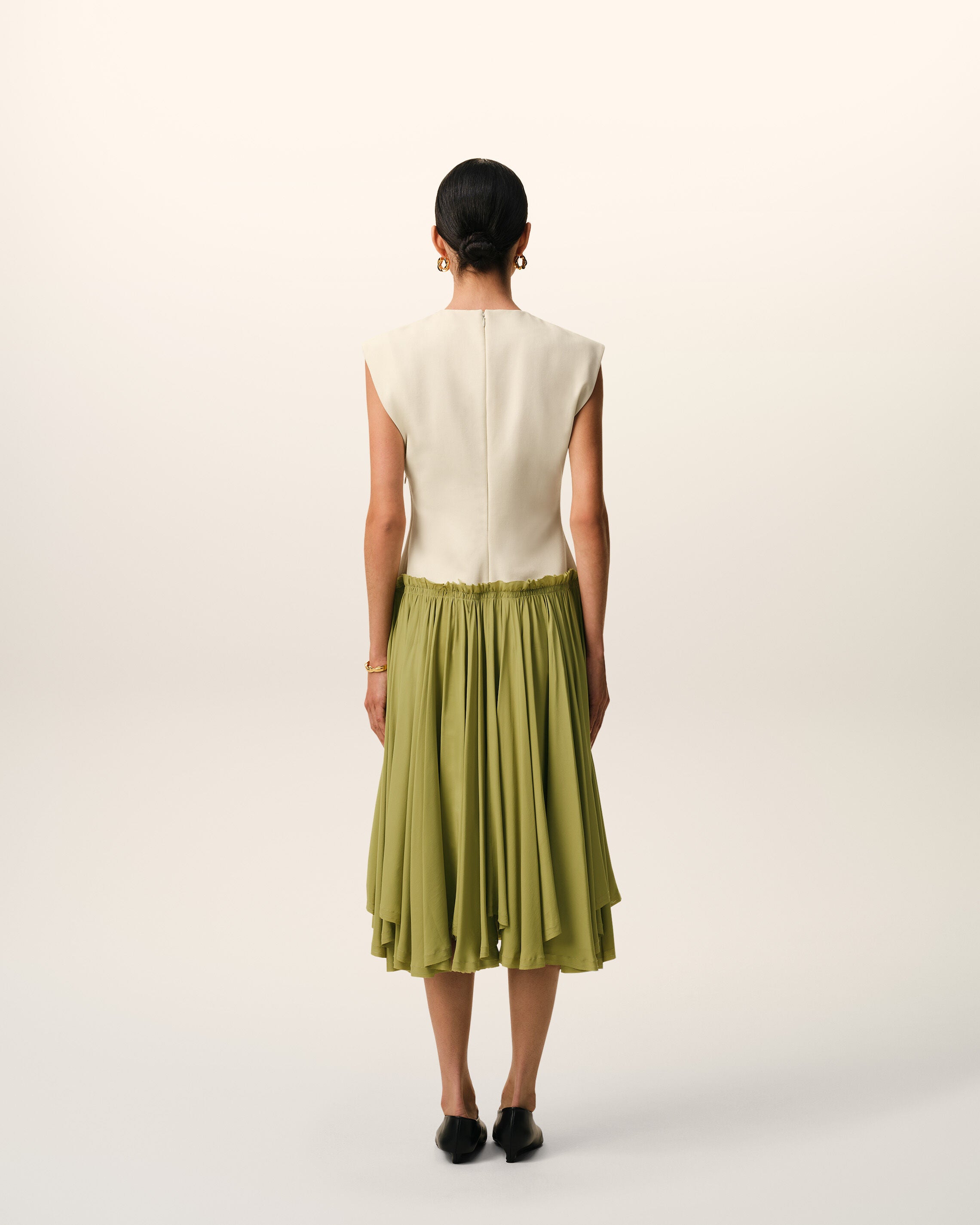 White And Green Bicolor New Wool Midi Dress