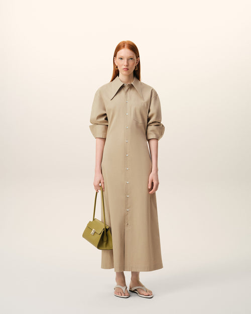 Beige Cotton Fitted Shirt Dress