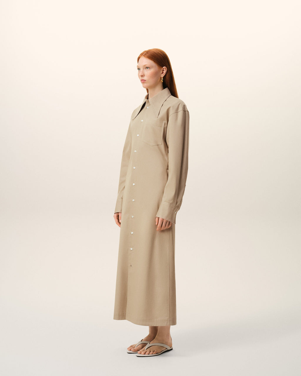 Beige Cotton Fitted Shirt Dress