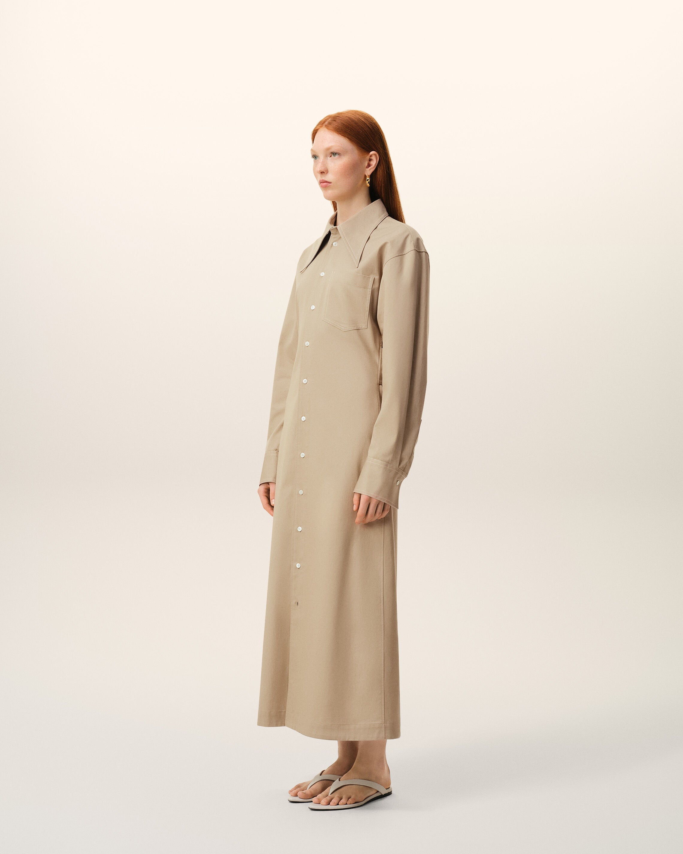 Beige Cotton Fitted Shirt Dress