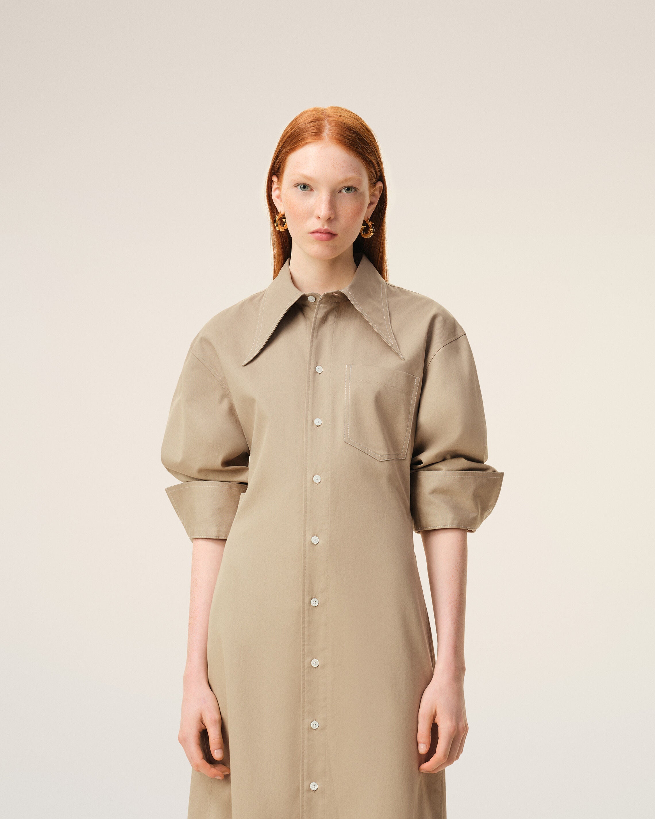 Beige Cotton Fitted Shirt Dress