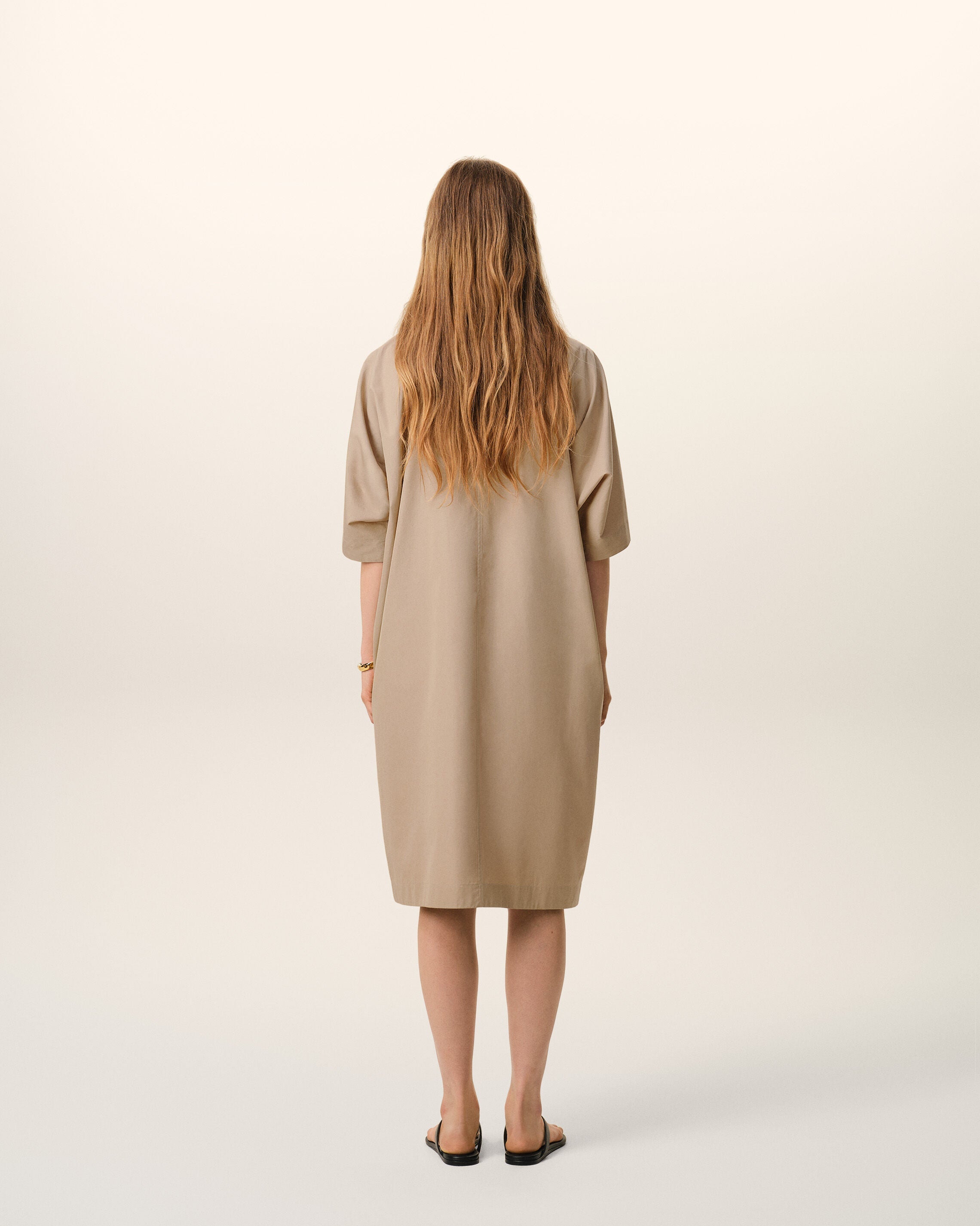 Beige Cotton Stand Up Collar Buttoned Dress