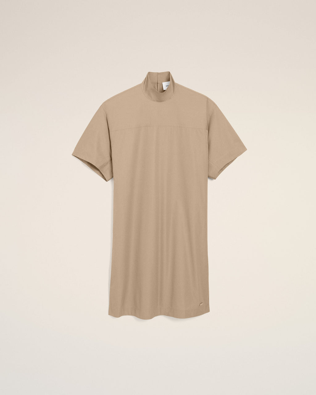 Beige Cotton Stand Up Collar Buttoned Dress