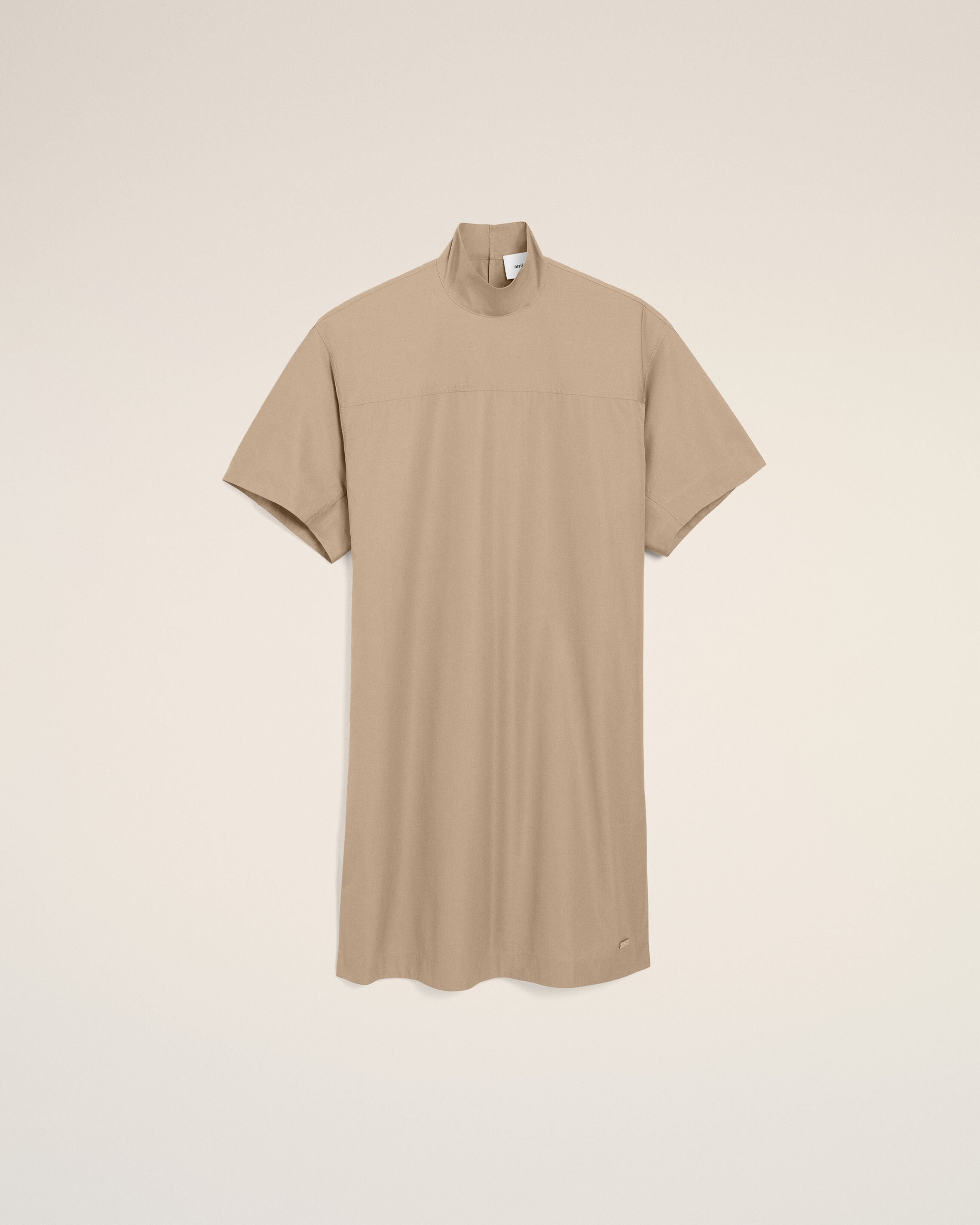 Beige Cotton Stand Up Collar Buttoned Dress