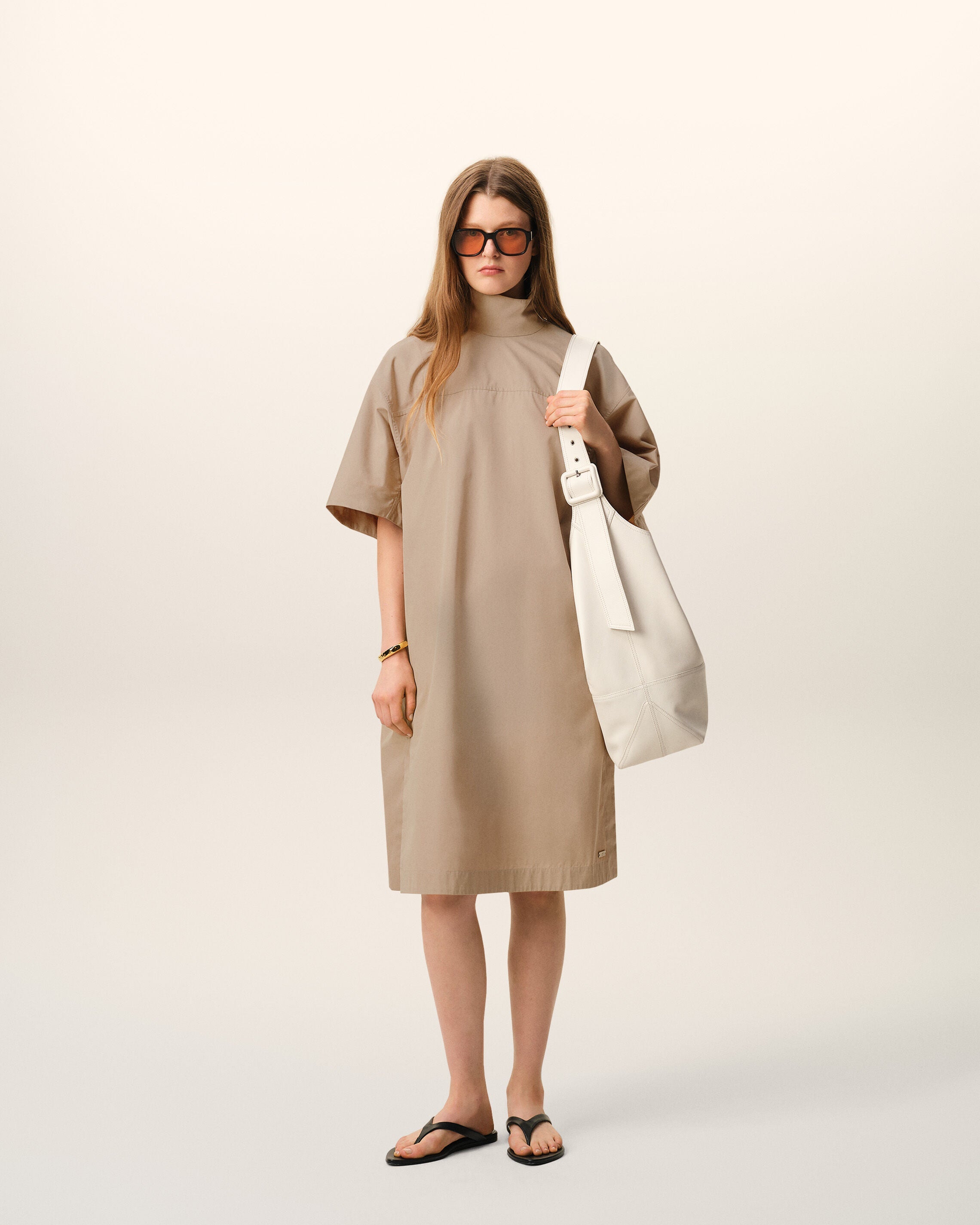 Beige Cotton Stand Up Collar Buttoned Dress