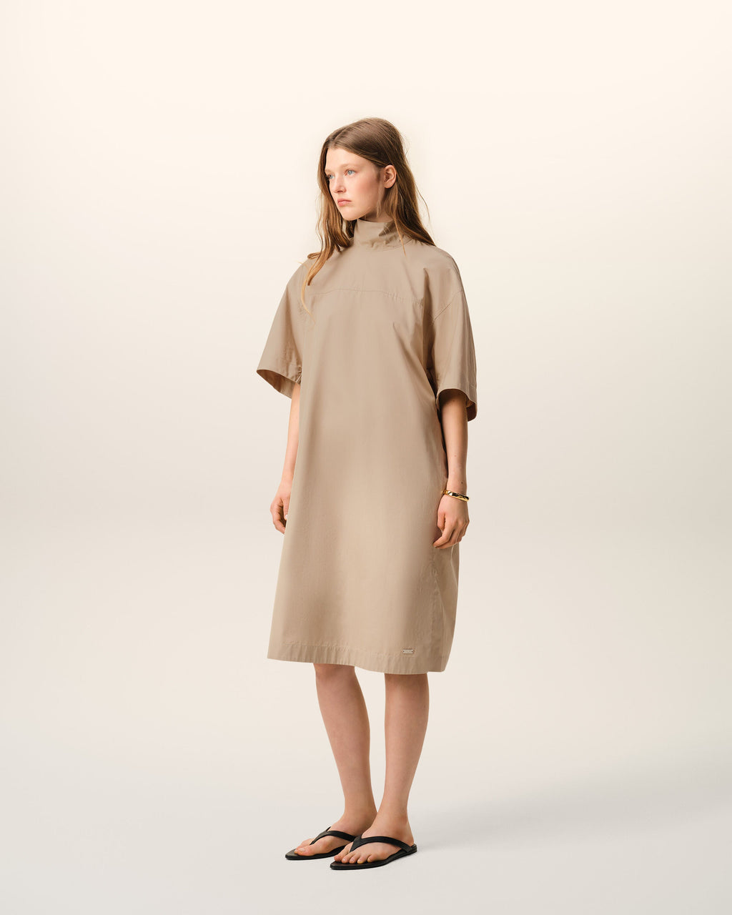 Beige Cotton Stand Up Collar Buttoned Dress
