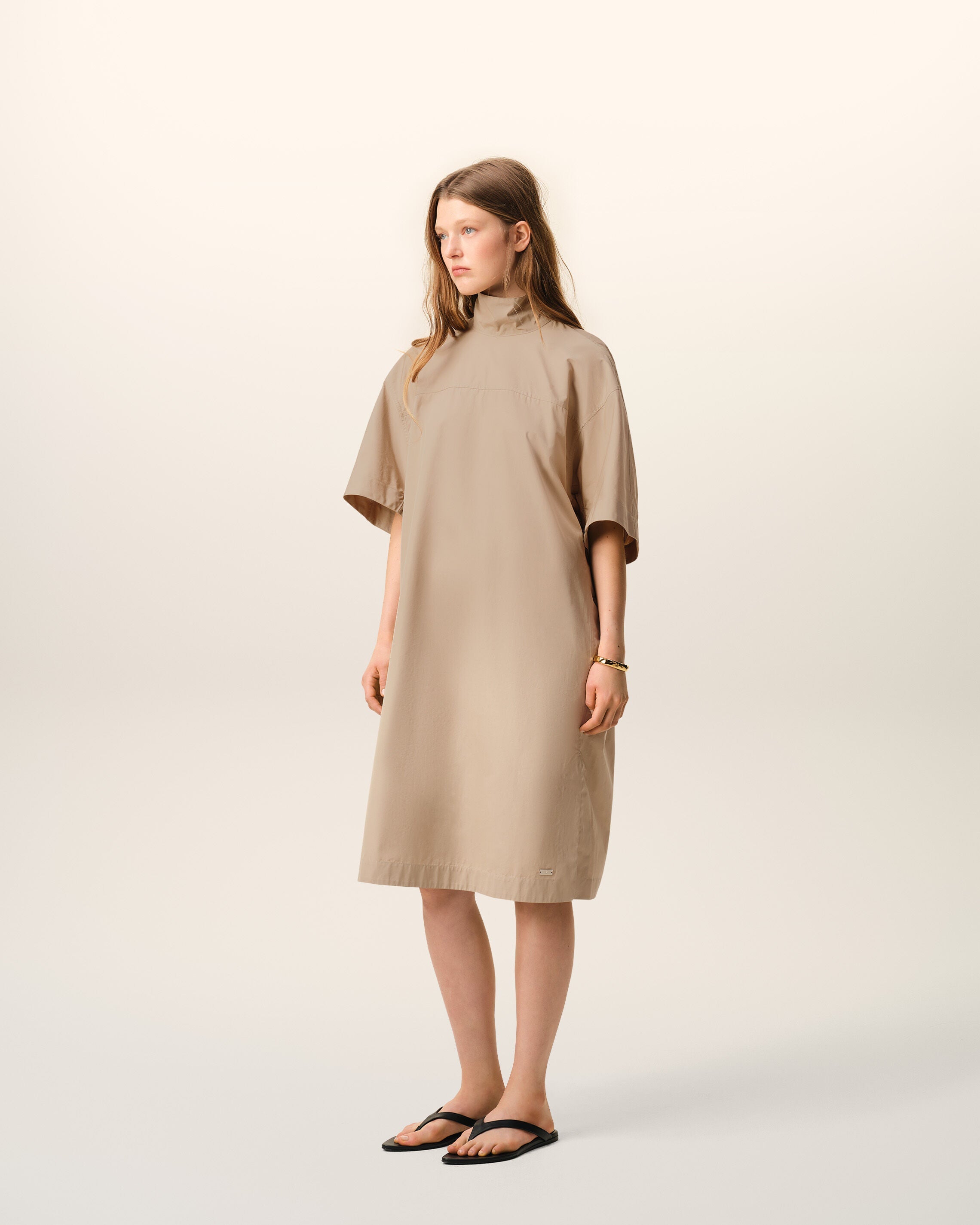 Beige Cotton Stand Up Collar Buttoned Dress