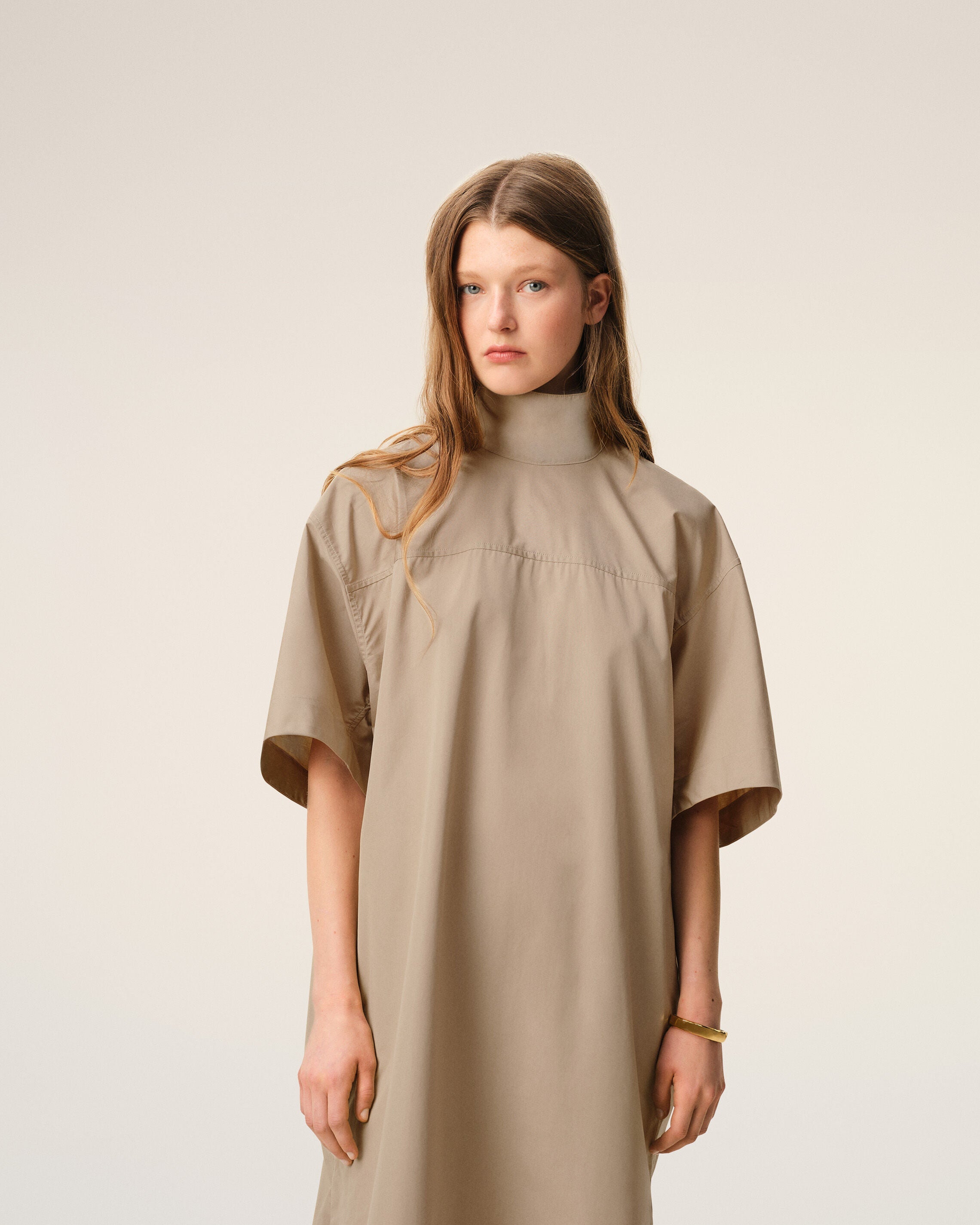 Beige Cotton Stand Up Collar Buttoned Dress