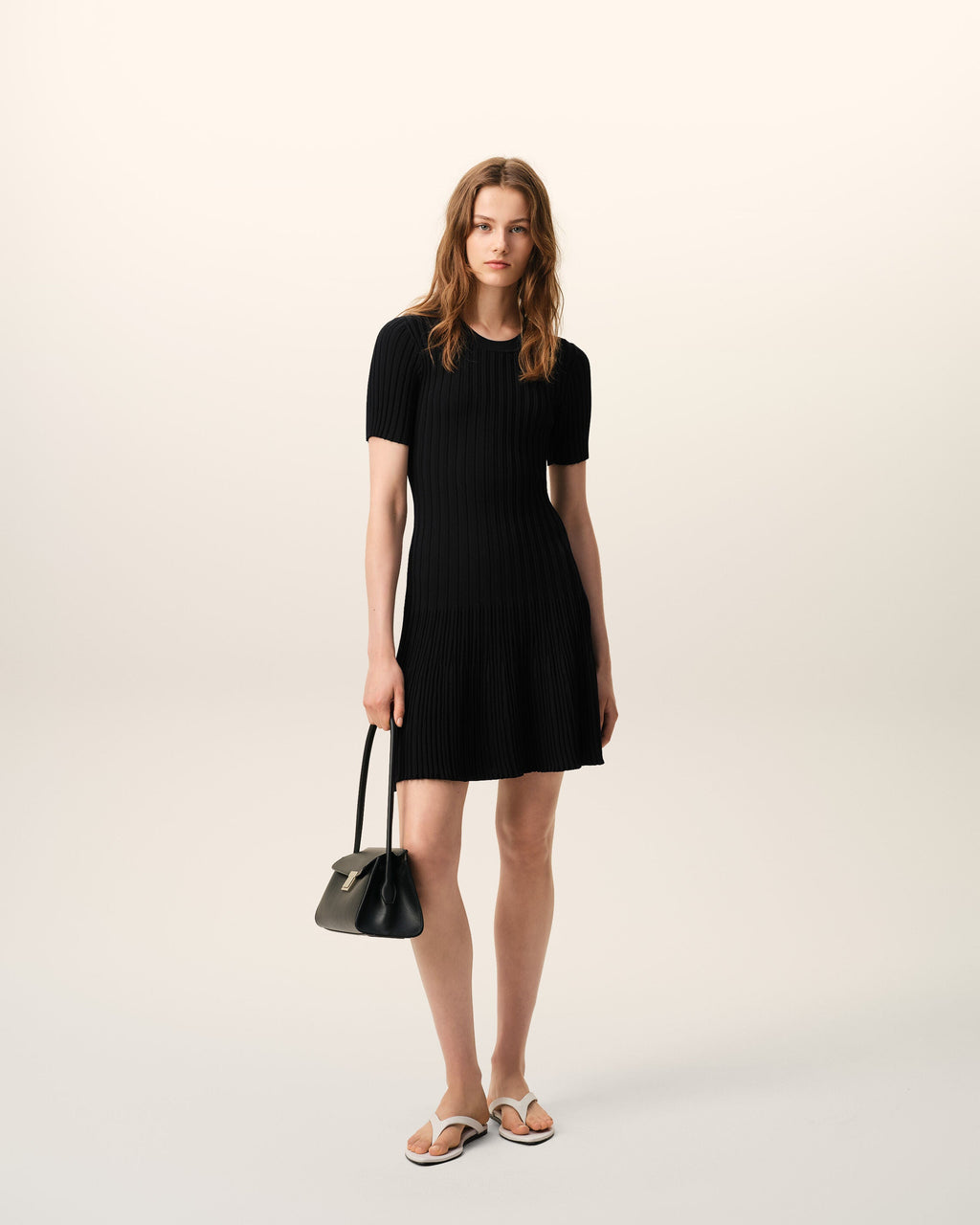 Black Knit Mini Godet Dress