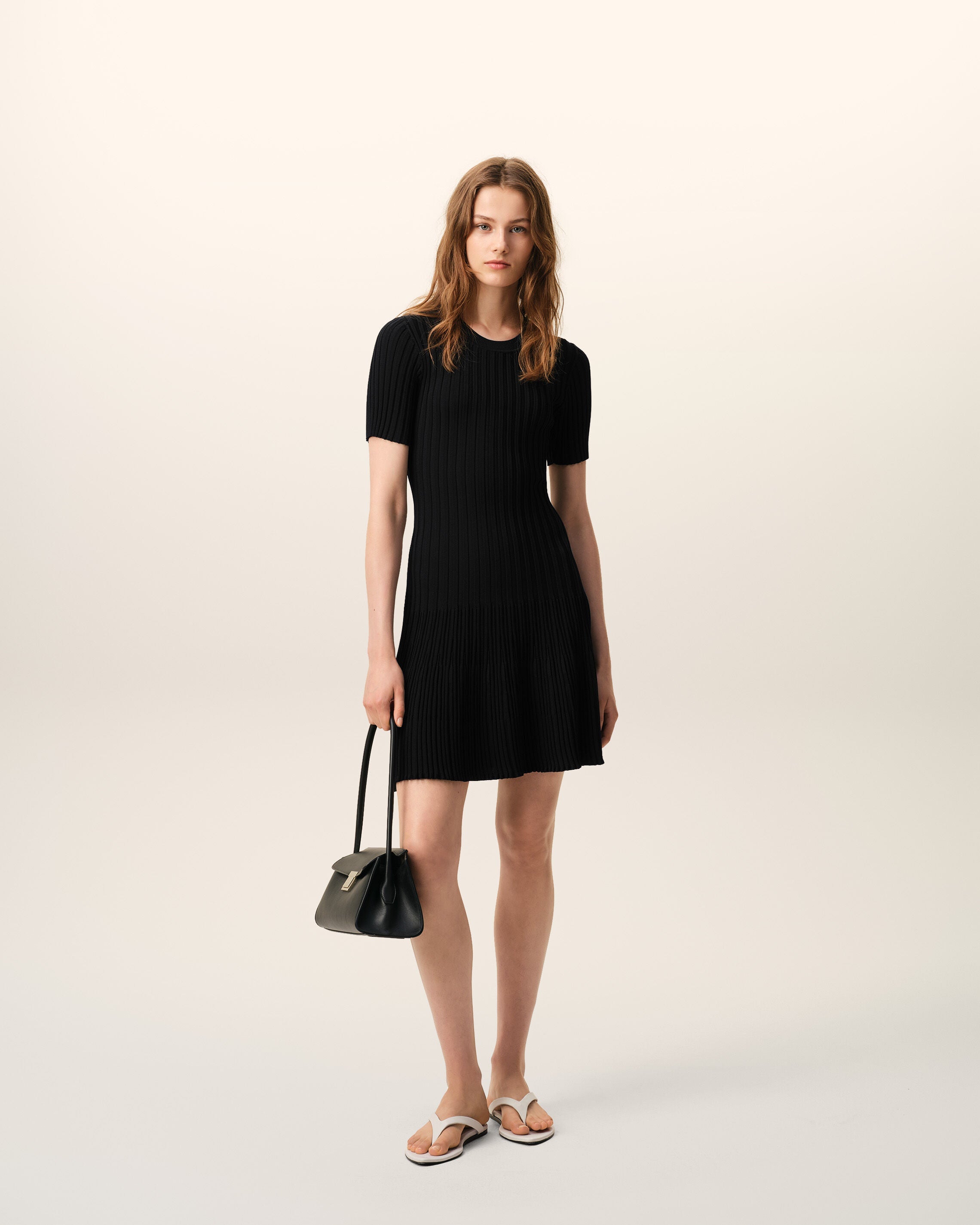 Black Knit Mini Godet Dress