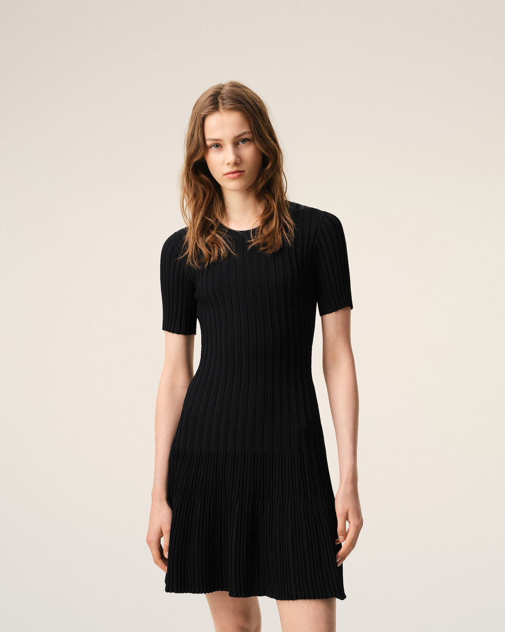Black Knit Mini Godet Dress