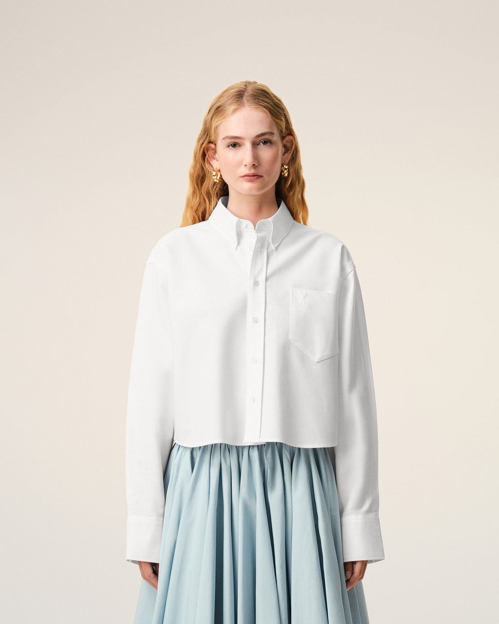White Cotton Cropped Embossed Ami De Coeur Shirt