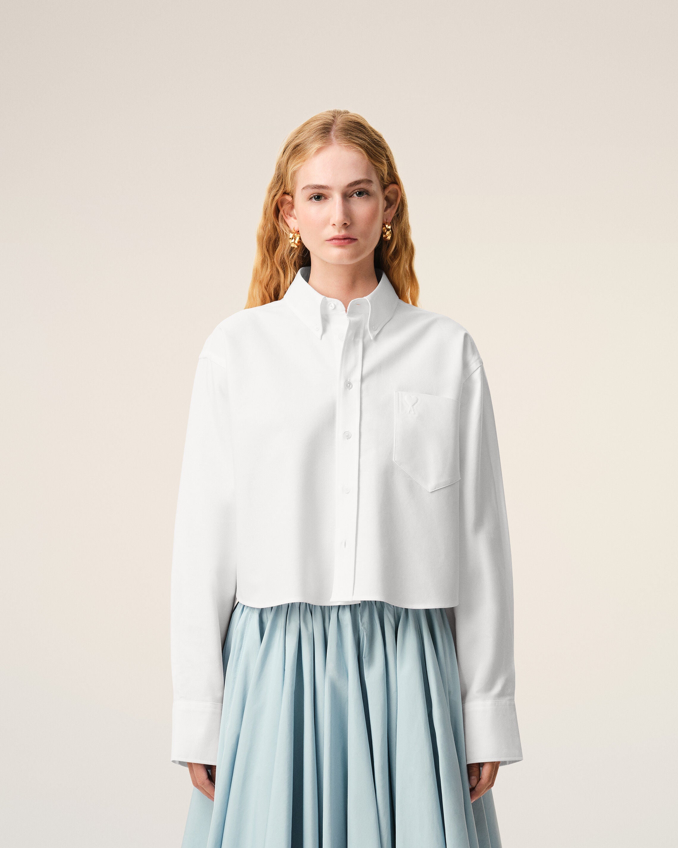 White Cotton Cropped Embossed Ami De Coeur Shirt